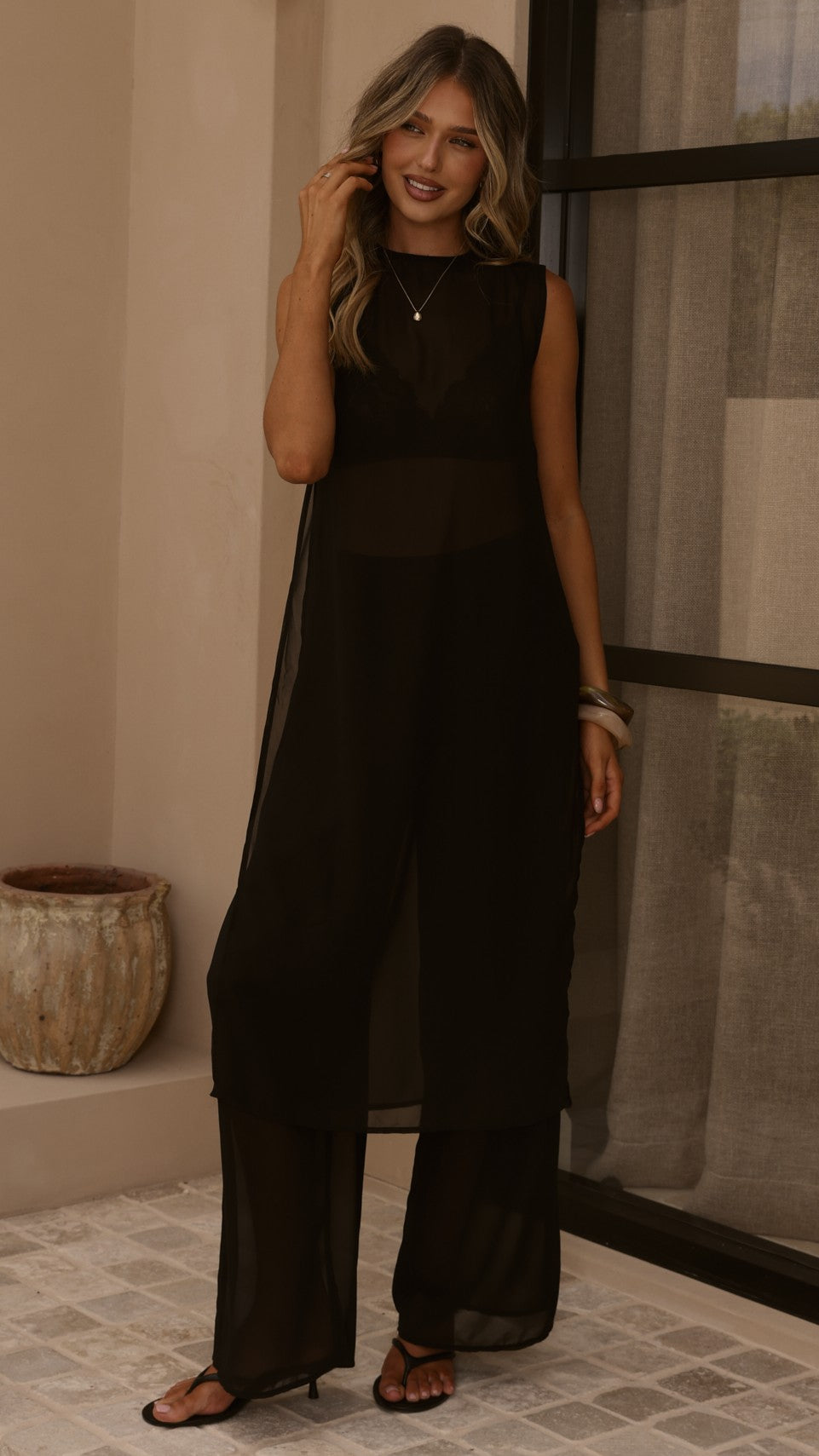 Zaire Long Line Sheer Top and Pants Set - Black - Billy J
