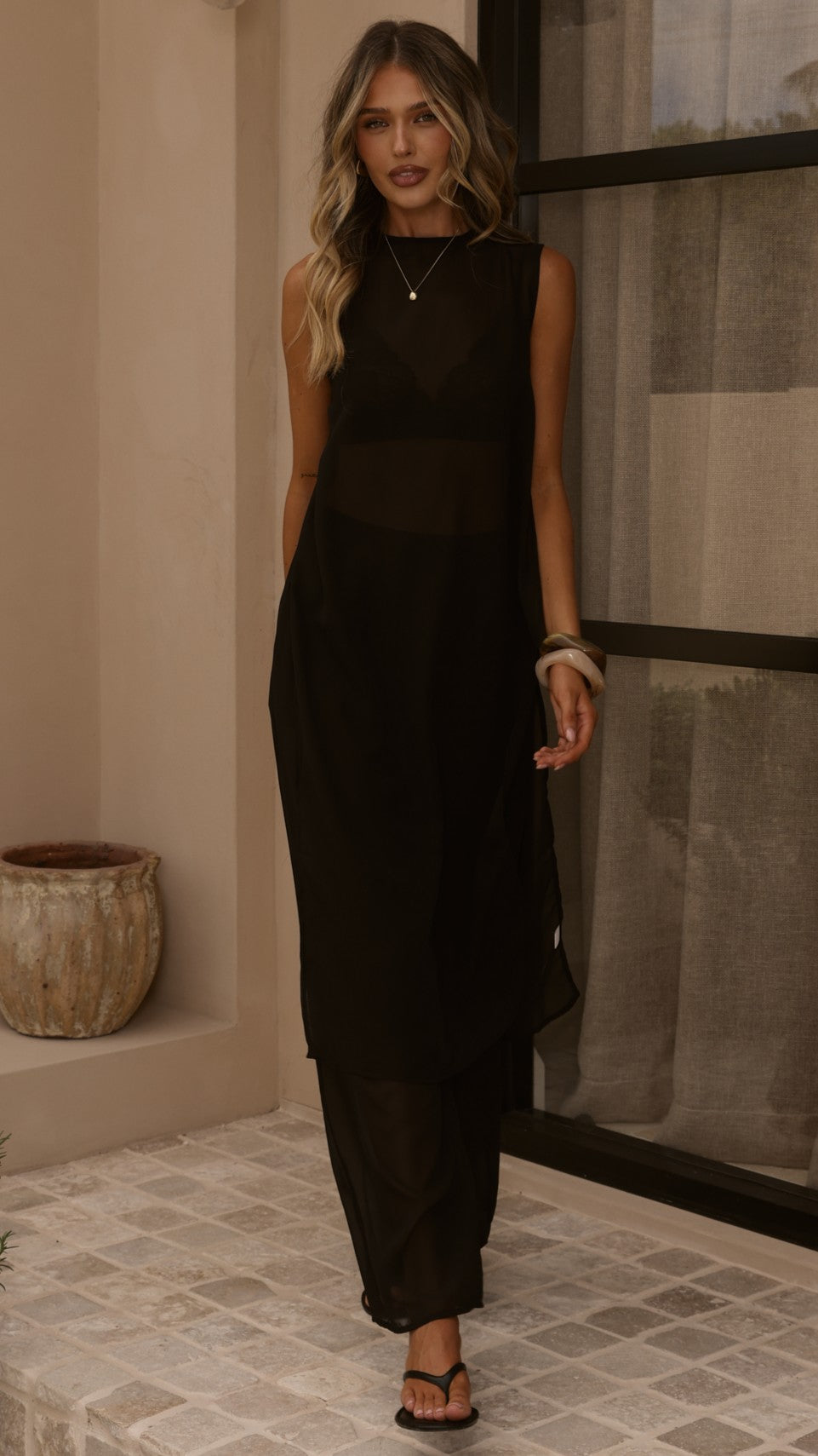 Zaire Long Line Sheer Top and Pants Set - Black - Billy J