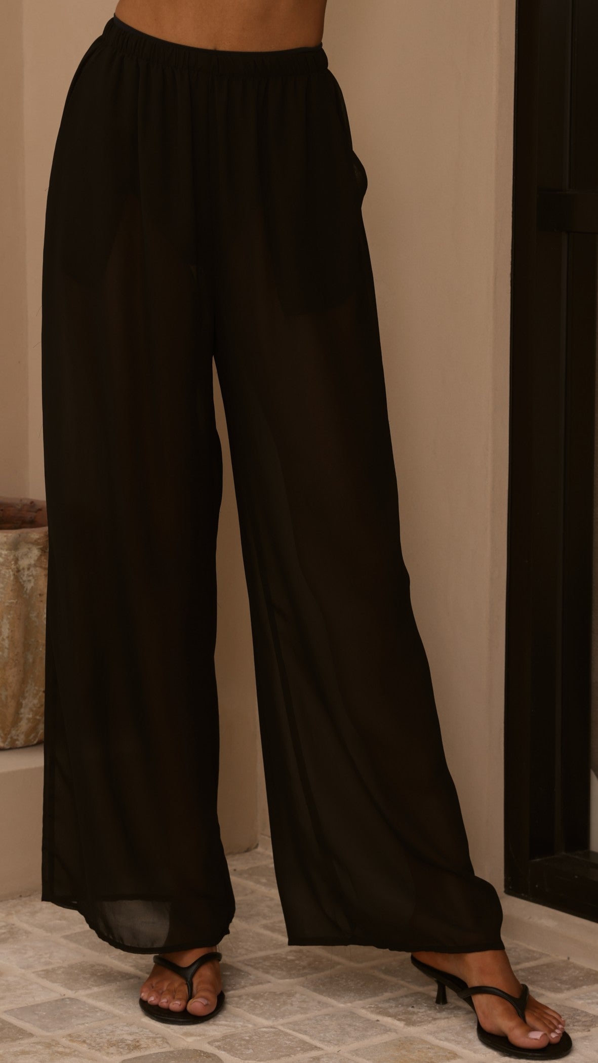 Zaire Long Line Sheer Top and Pants Set - Black - Billy J