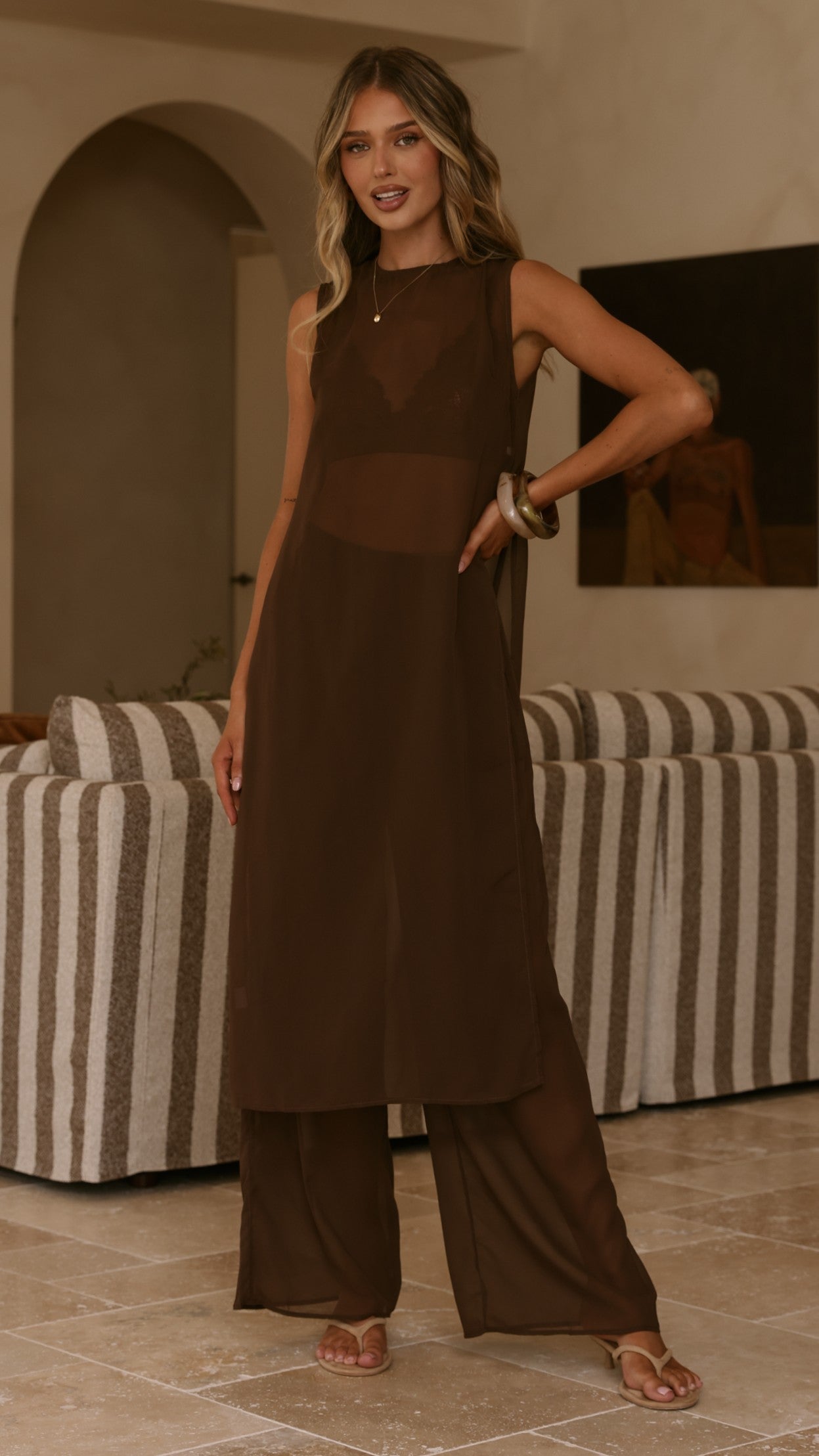 Zaire Long Line Sheer Top and Pants Set - Chocolate - Billy J