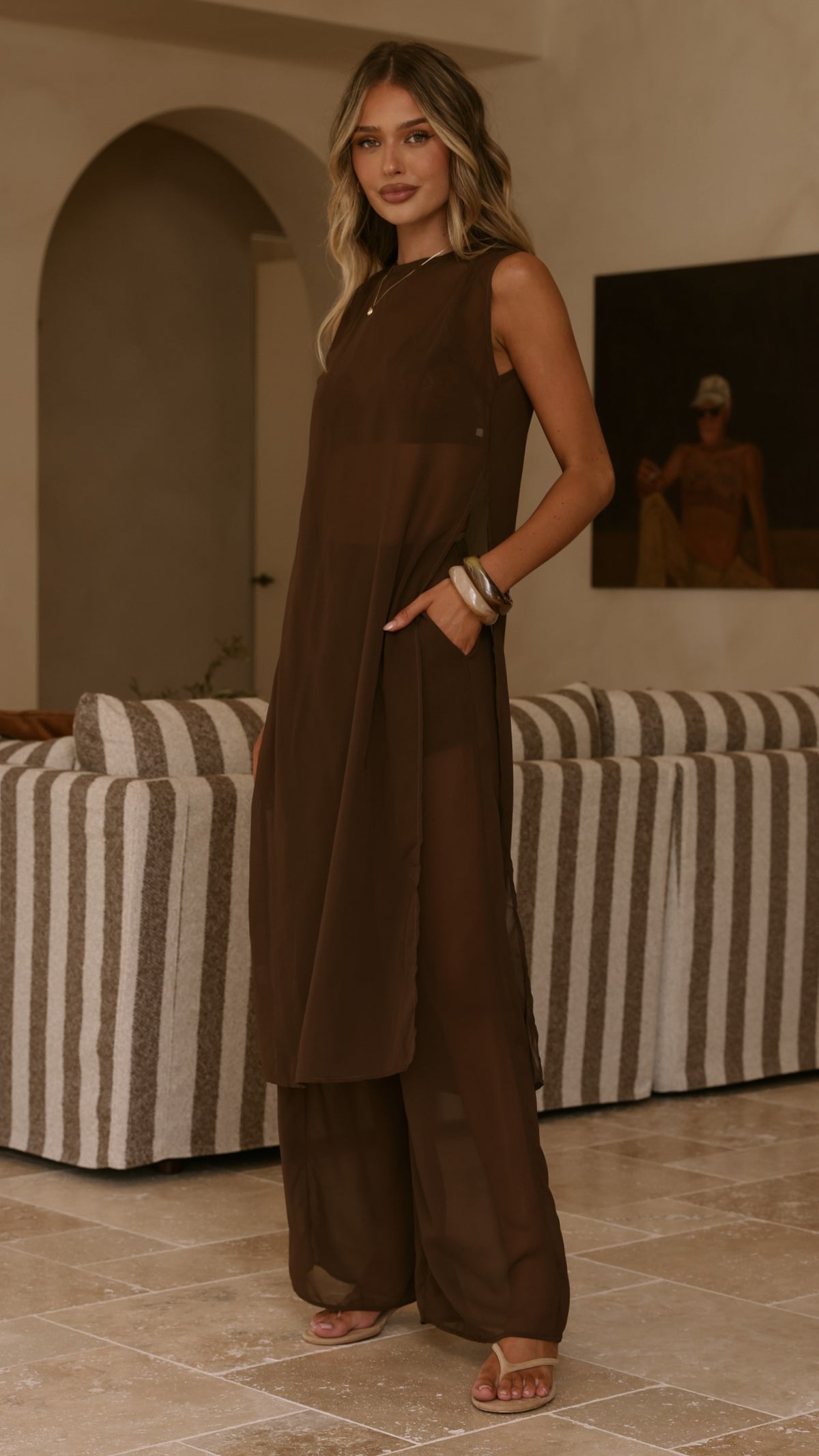 Zaire Long Line Sheer Top and Pants Set - Chocolate - Billy J
