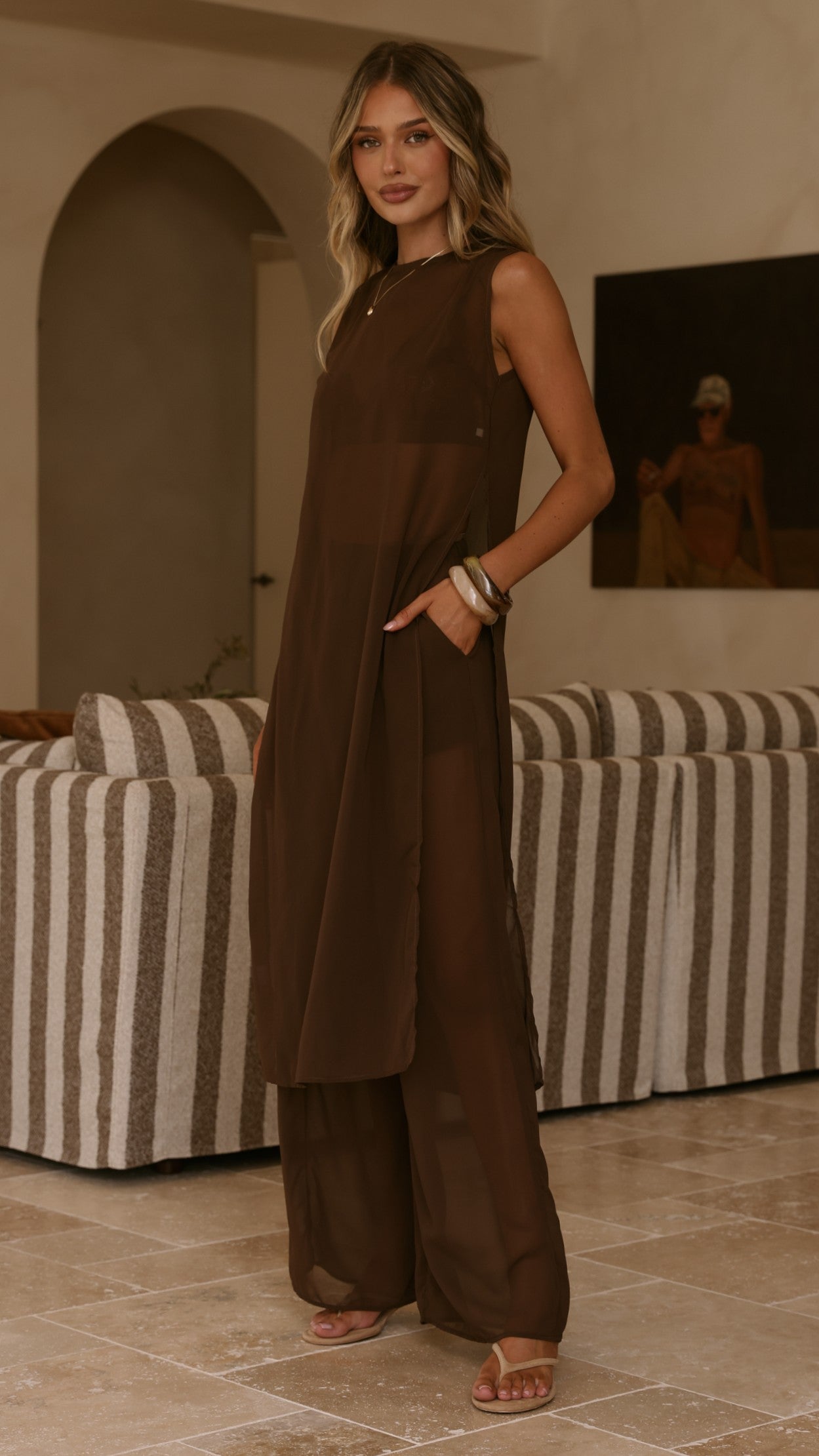 Zaire Long Line Sheer Top and Pants Set - Chocolate - Billy J