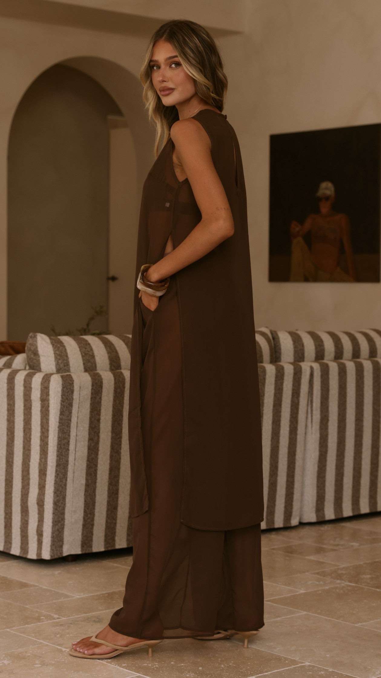 Zaire Long Line Sheer Top and Pants Set - Chocolate - Billy J