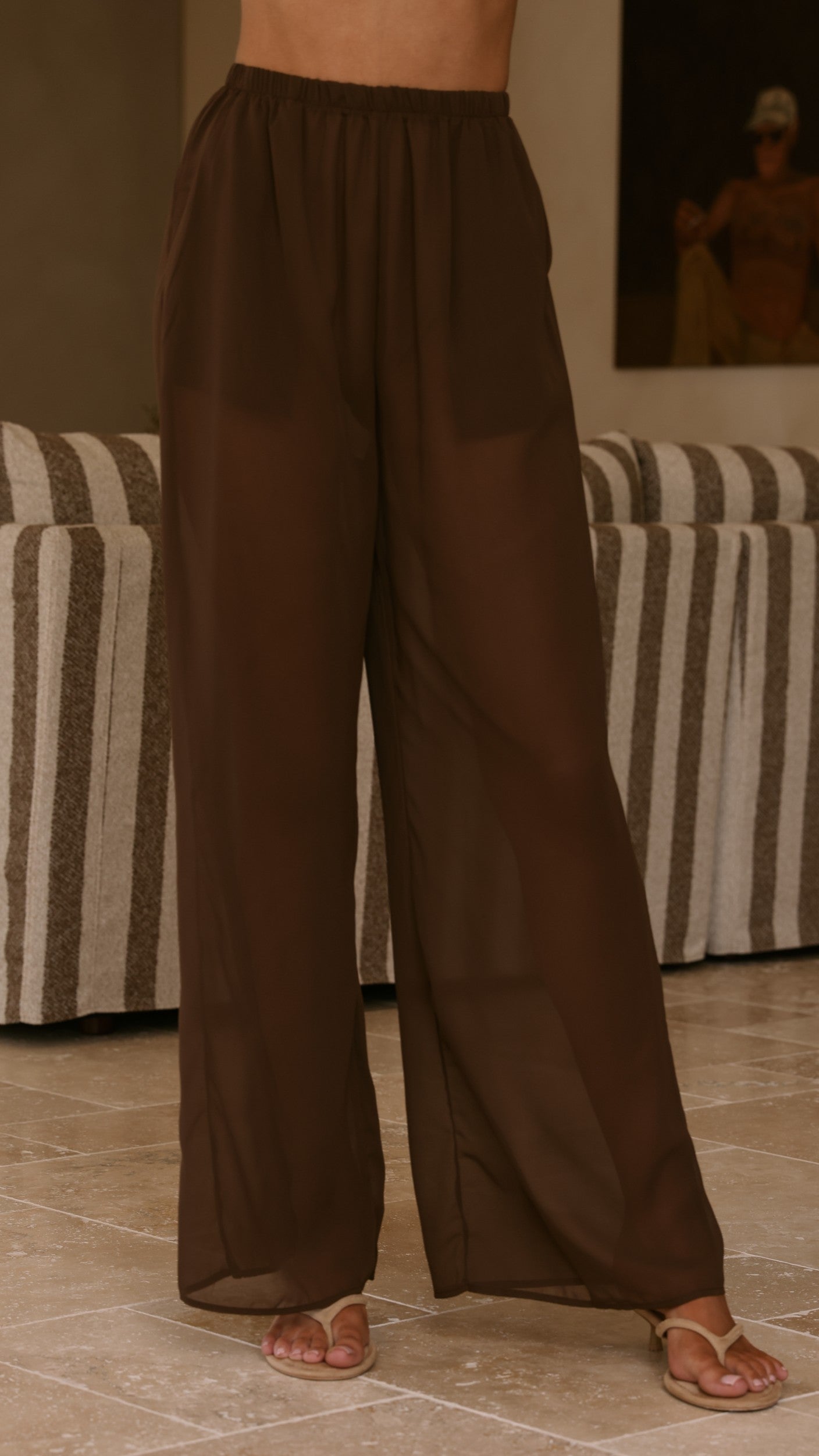 Zaire Long Line Sheer Top and Pants Set - Chocolate - Billy J