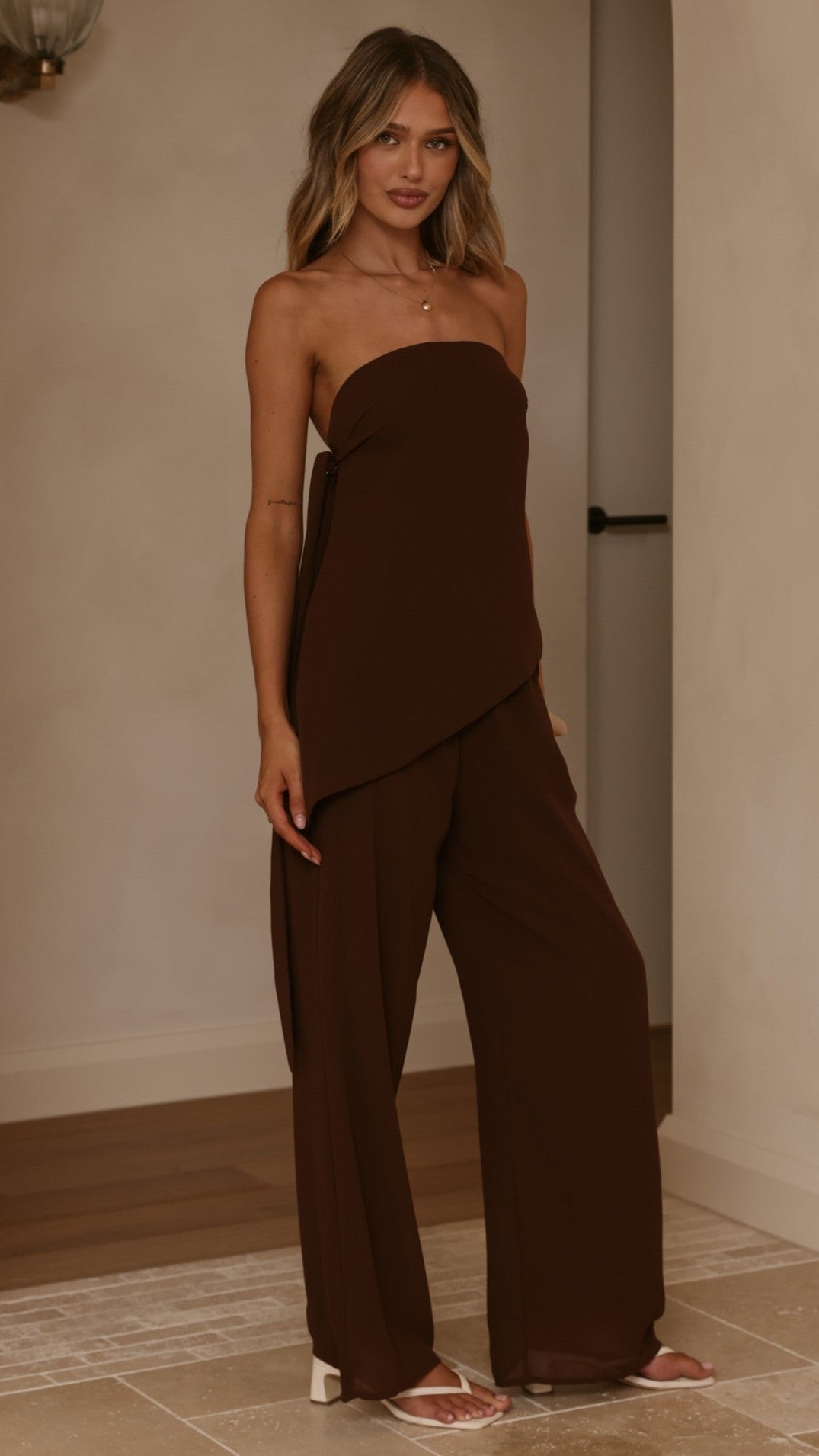 Zabrina Semi Sheer Strapless Top and Pants Set - Chocolate - Billy J