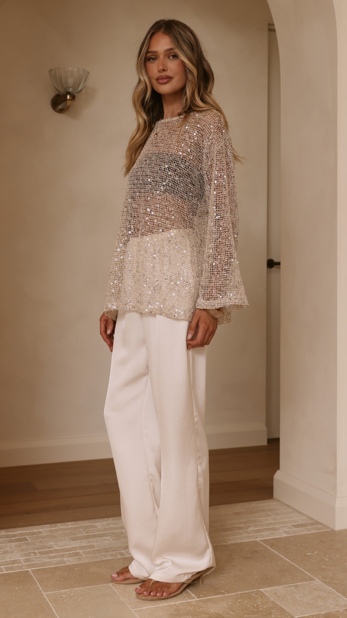 Zahni Sequins Long Sleeve Top - Beige - Billy J