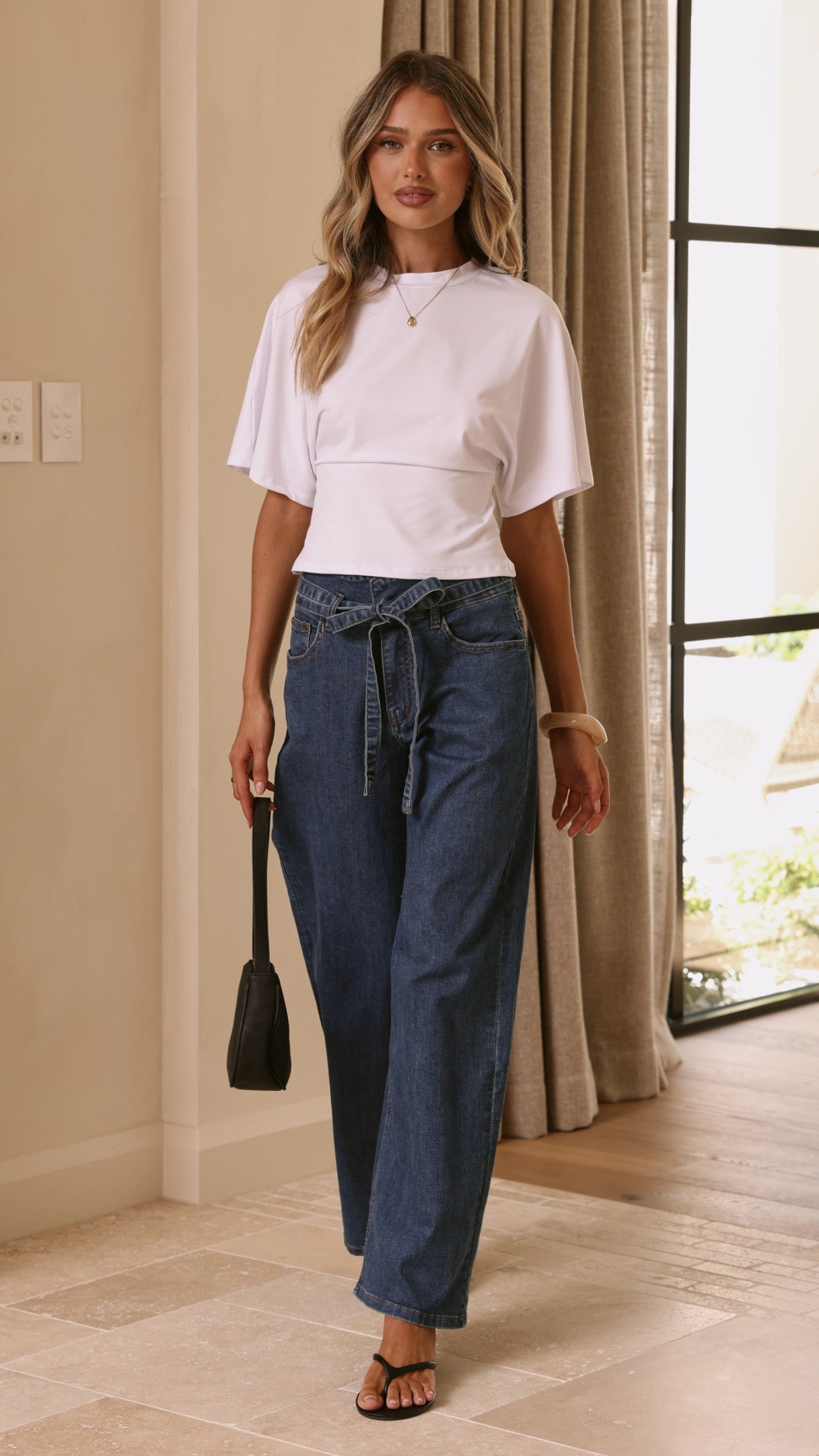 Vicky Tie Waist Straight Leg Jeans - Dark Wash - Billy J