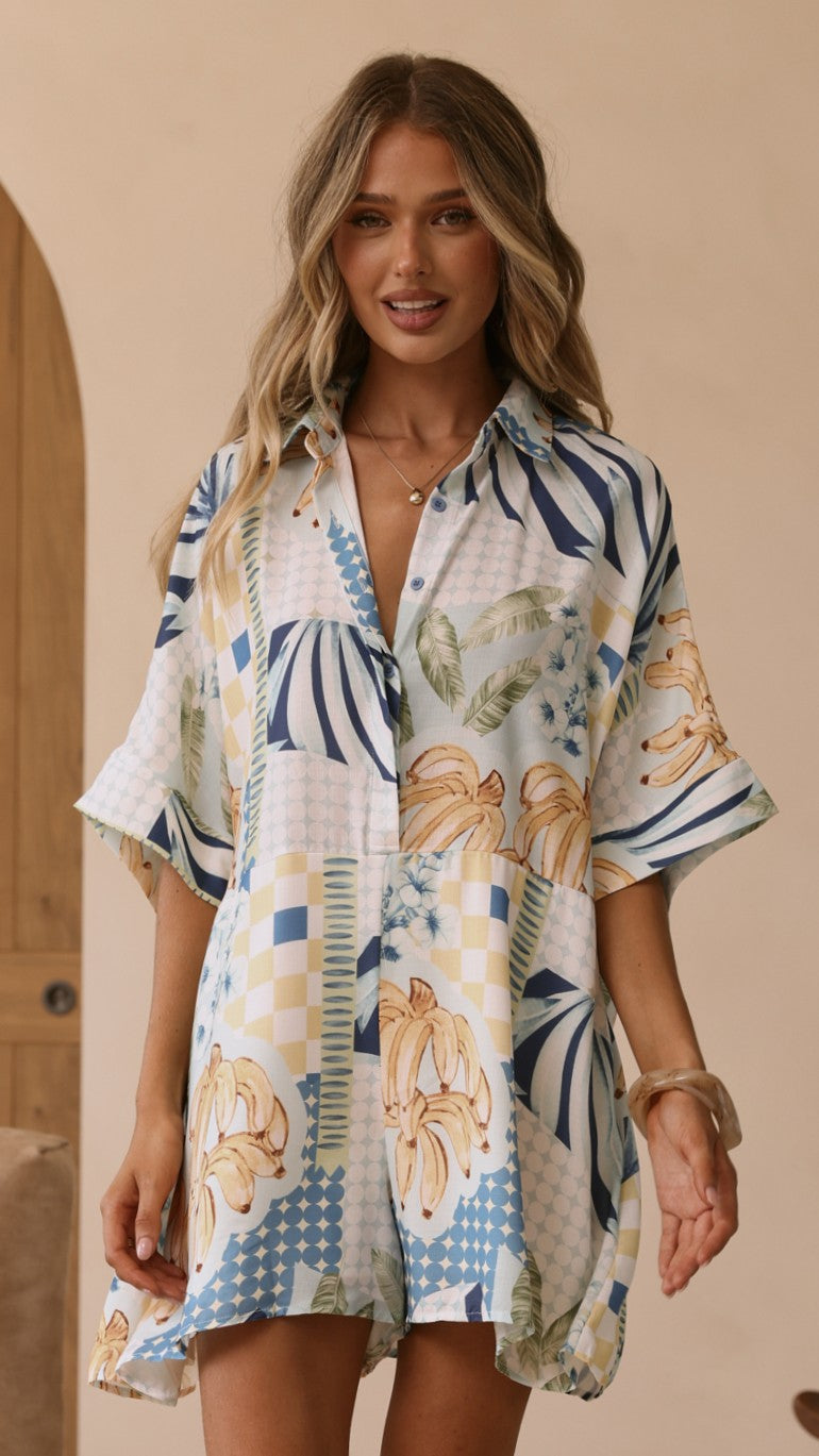 Farrah Playsuit - Blue/Yellow Print - Billy J