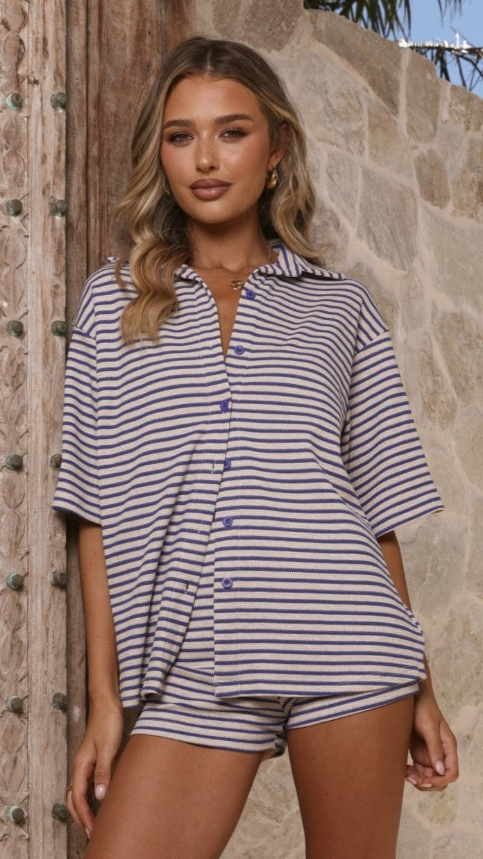 Sashi Button Up Shirt and Shorts Set - Blue Stripe - Billy J