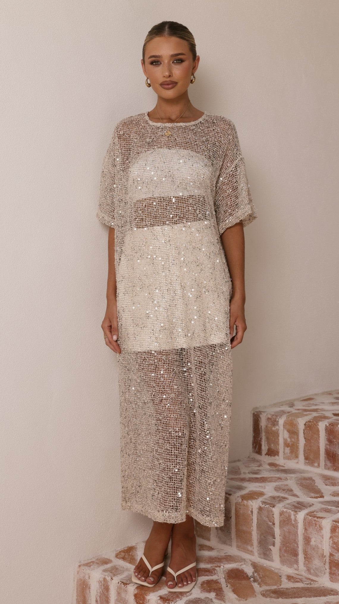 Zinnia Sequins Maxi Dress - Beige - Billy J
