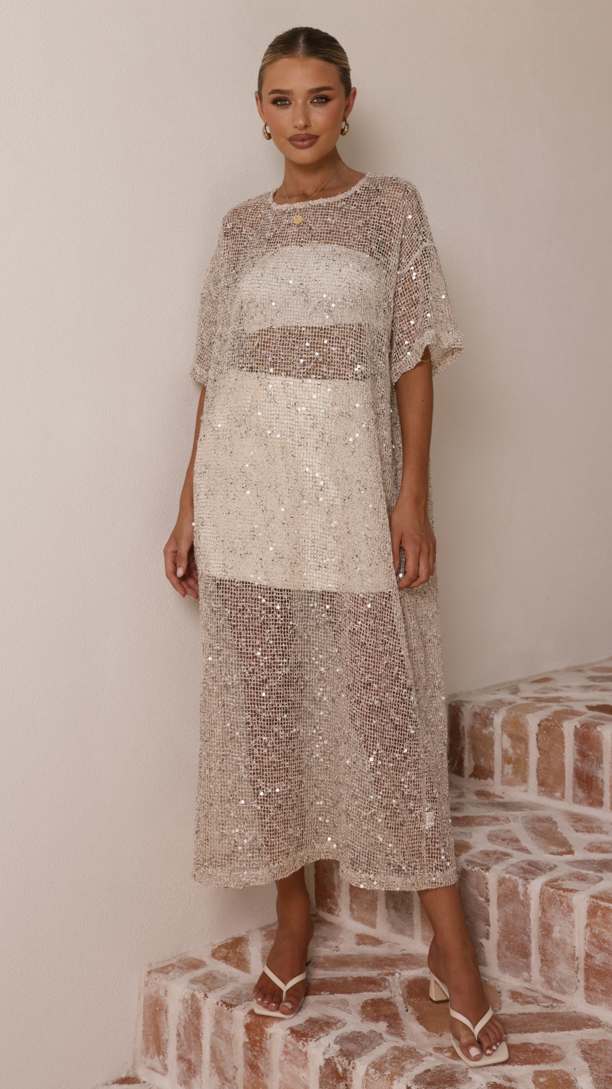Zinnia Sequins Maxi Dress - Beige - Billy J