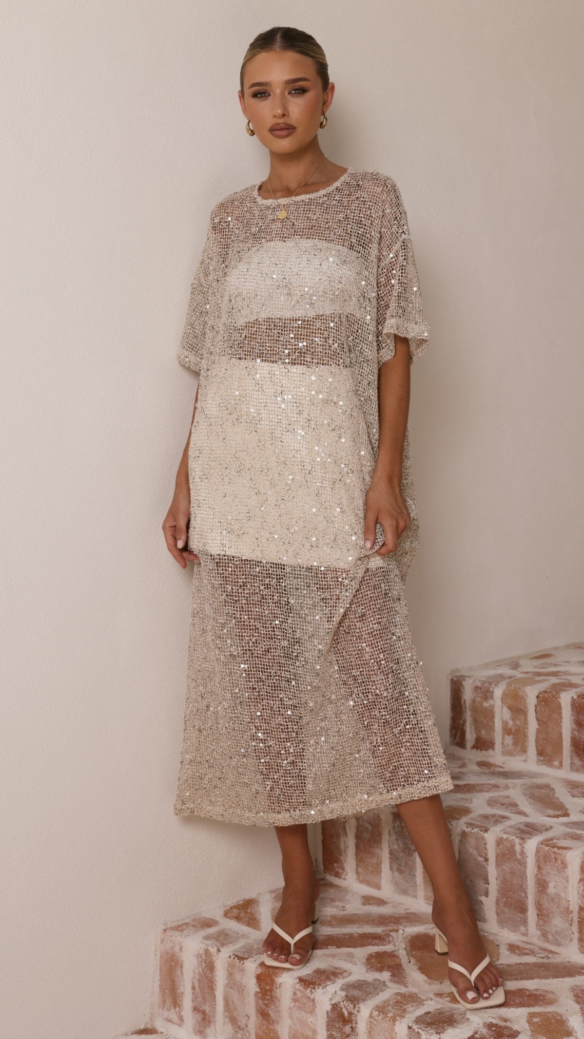 Zinnia Sequins Maxi Dress - Beige - Billy J