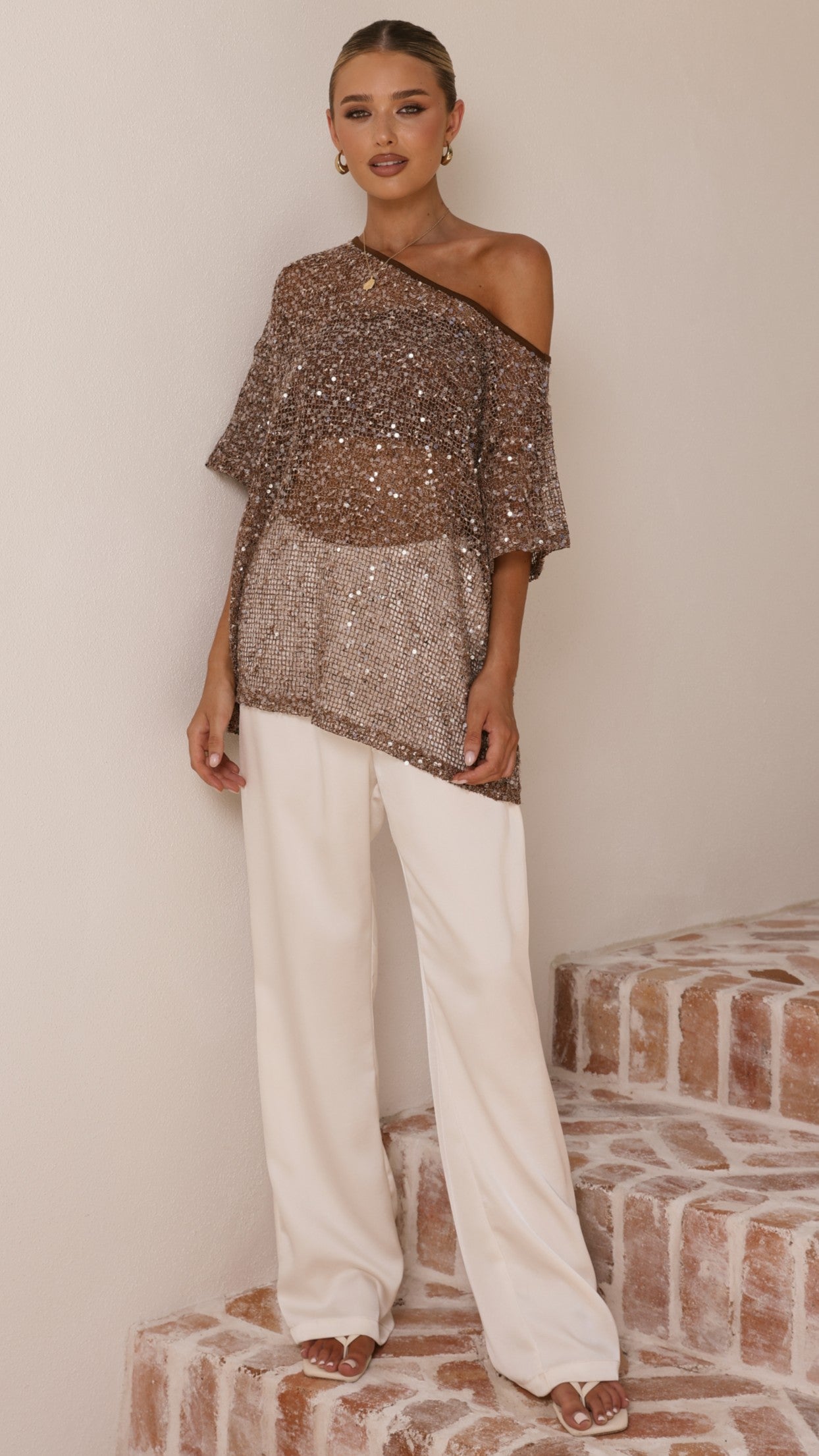 Zinnie Sequins Off Shoulder Top - Mocha - Billy J