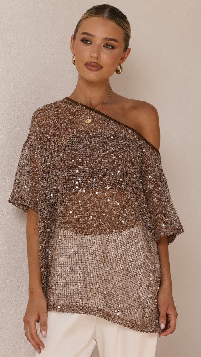 Zinnie Sequins Off Shoulder Top - Mocha - Billy J