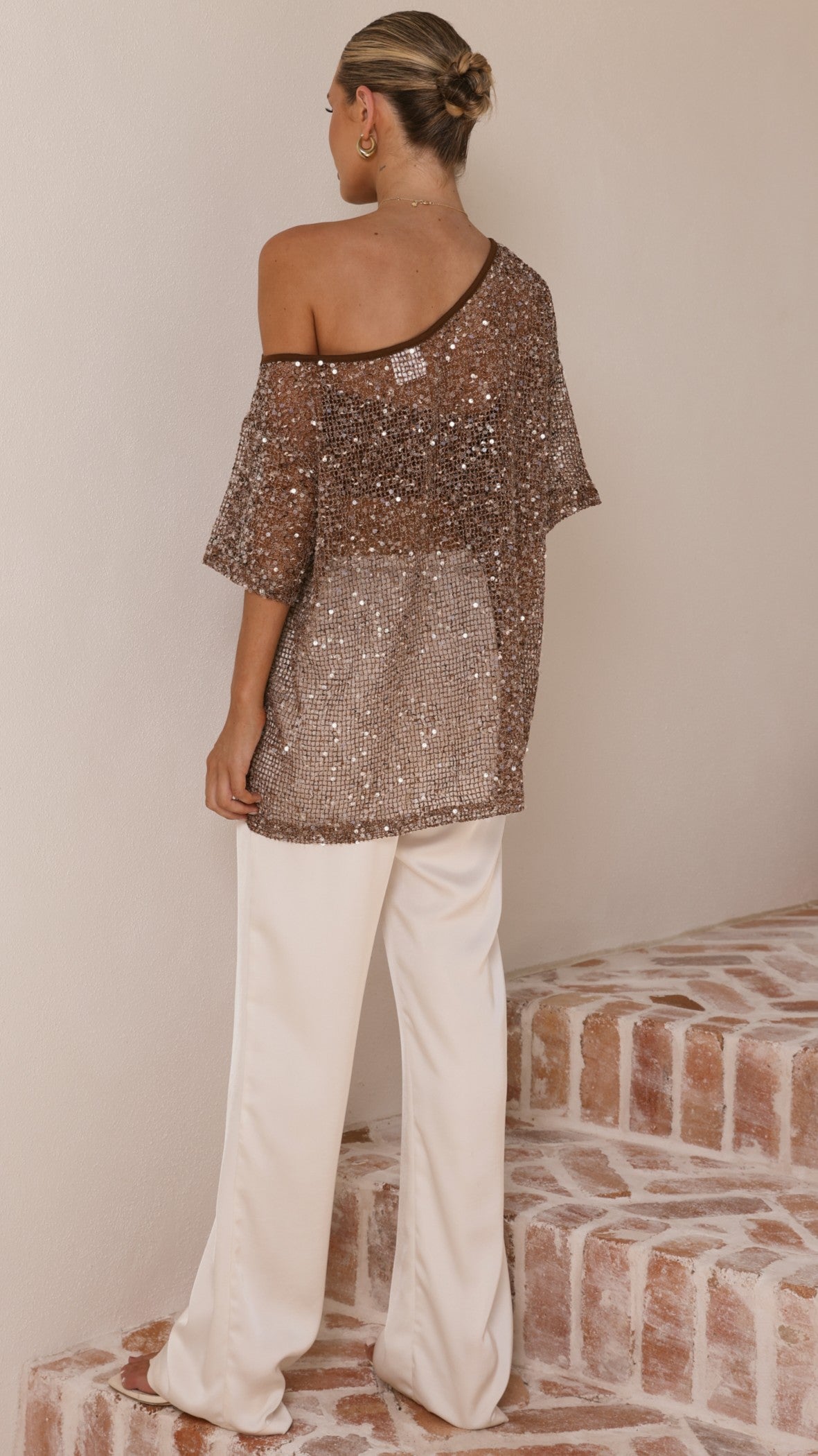 Zinnie Sequins Off Shoulder Top - Mocha - Billy J