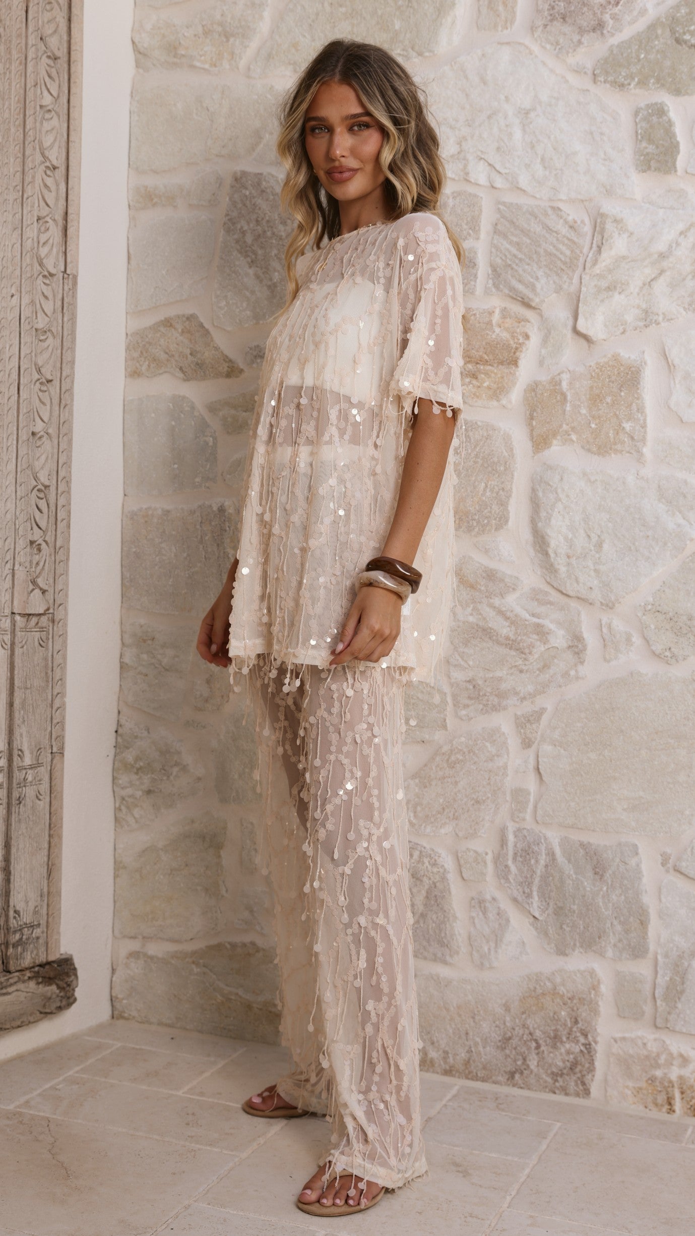 Zabby Sequin Oversized T-Shirt - Beige - Billy J