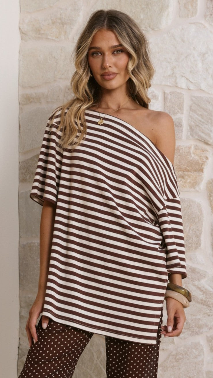 Pia One Shoulder Oversize Tee - Choc/White Stripe - Billy J