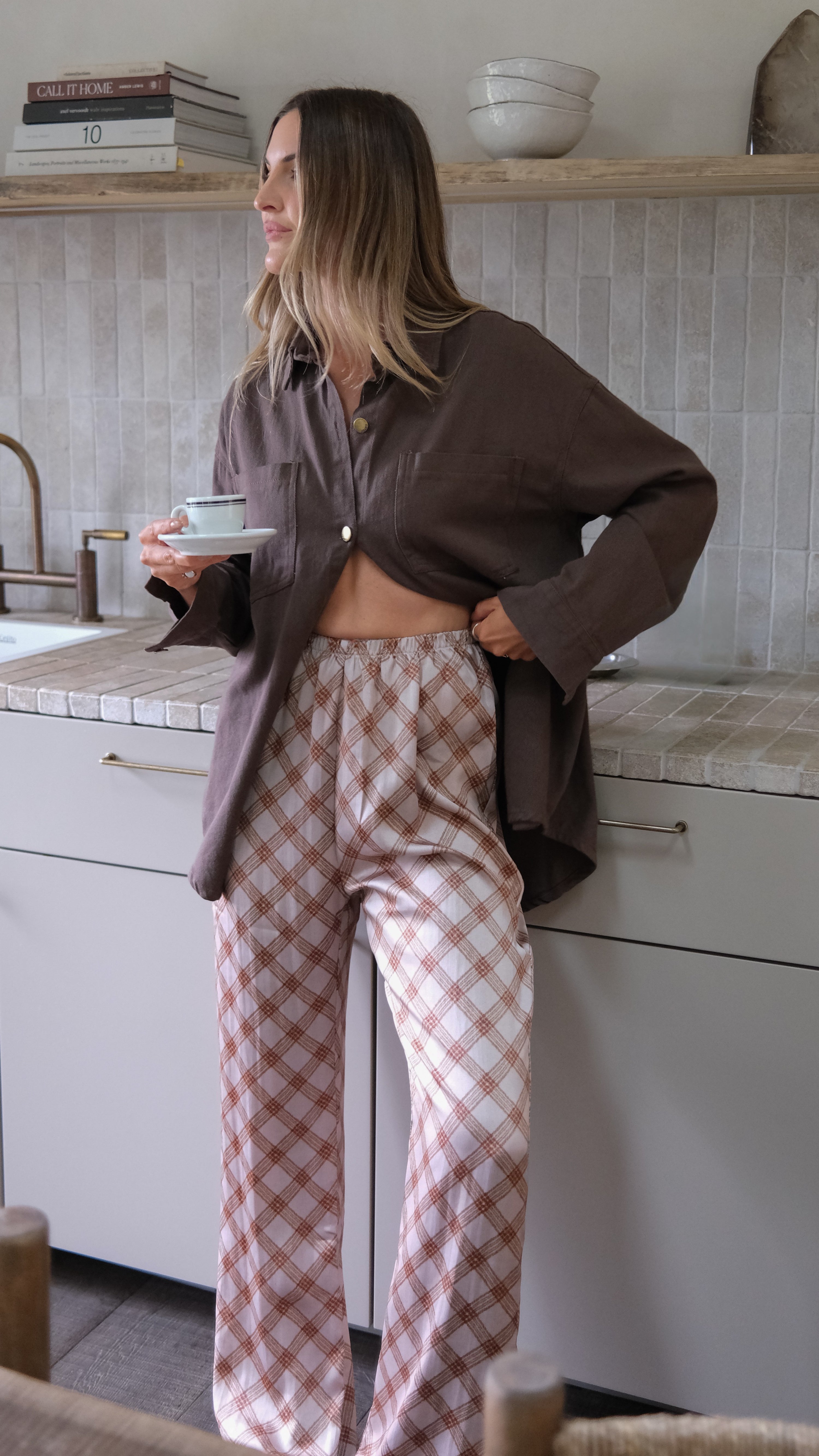 Imogen Button Pants - Brown Plaid - Billy J
