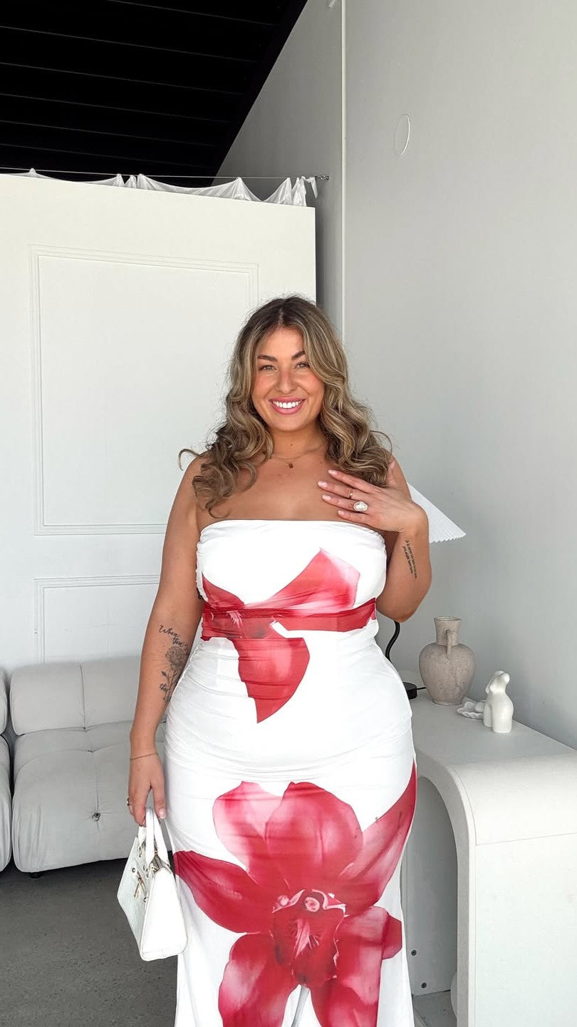Brittani Strapless Maxi Dress - White/Red - Billy J