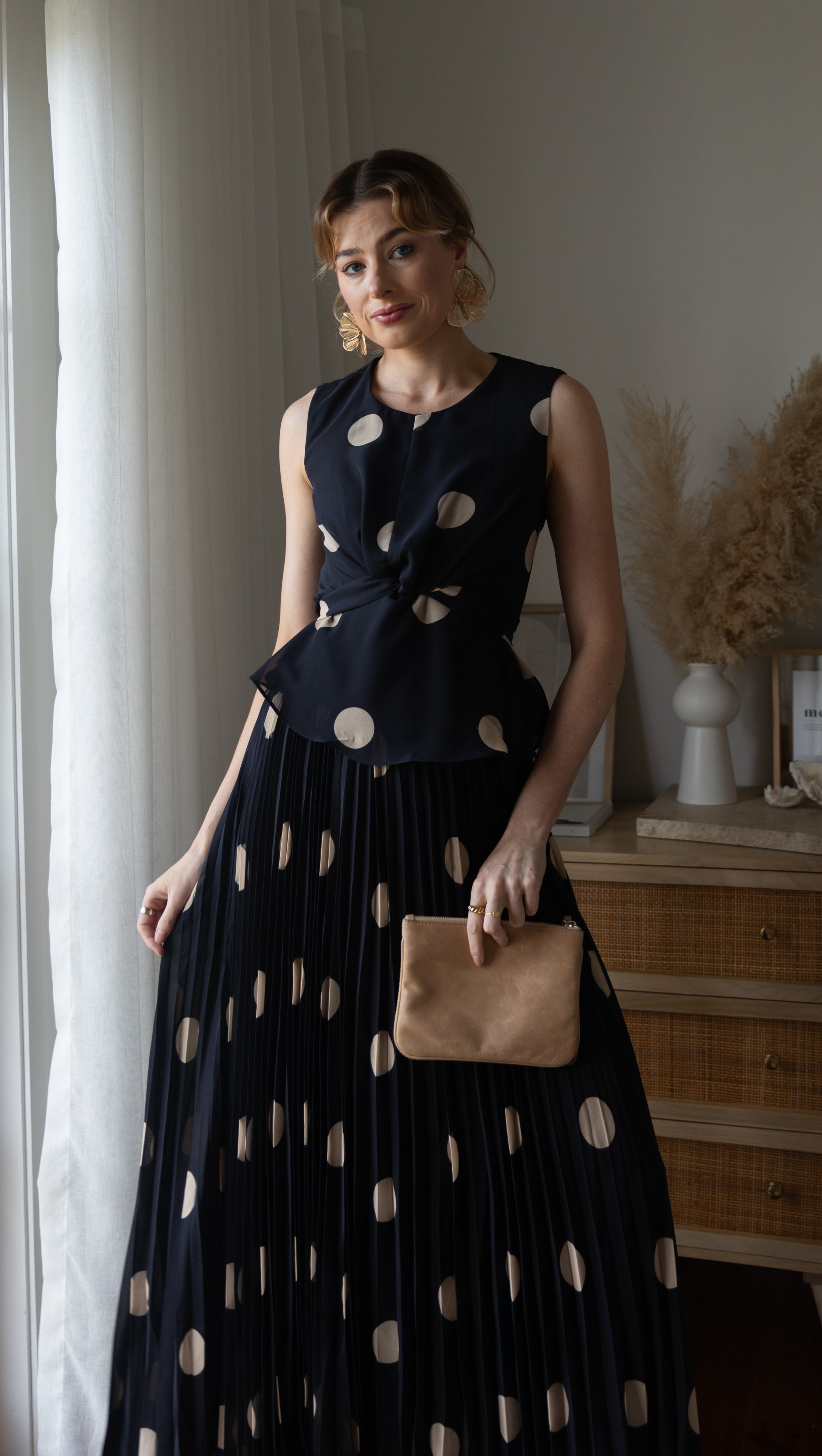 Cambree Peplum Top and Maxi Skirt Set - Black / Beige Polka Dot - Billy J