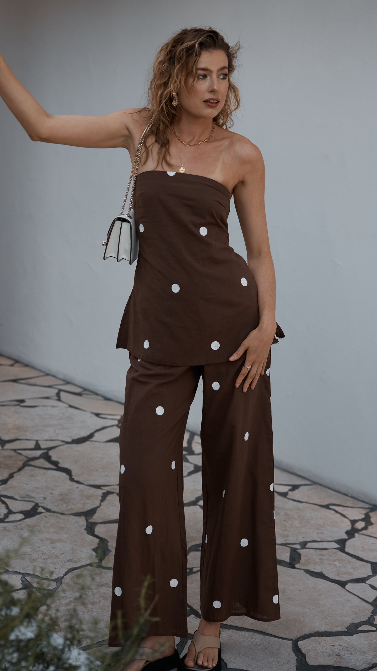 Kailani Strapless Top and Pants Set - Chocolate / White Polka Dot - Billy J