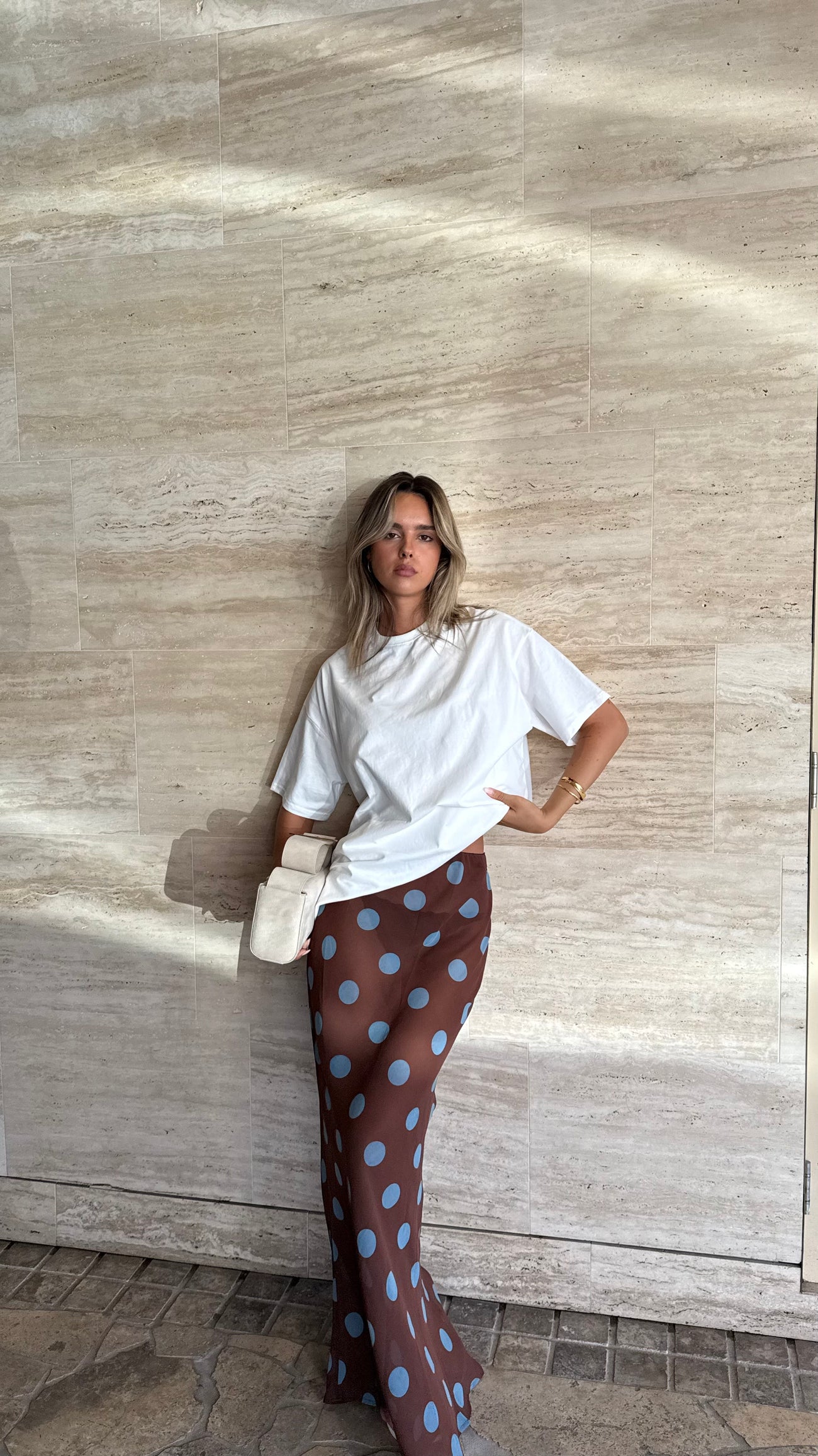 Yumi Oversized Tee and Sheer Skirt Set - White/Brown/Blue Polka - Billy J
