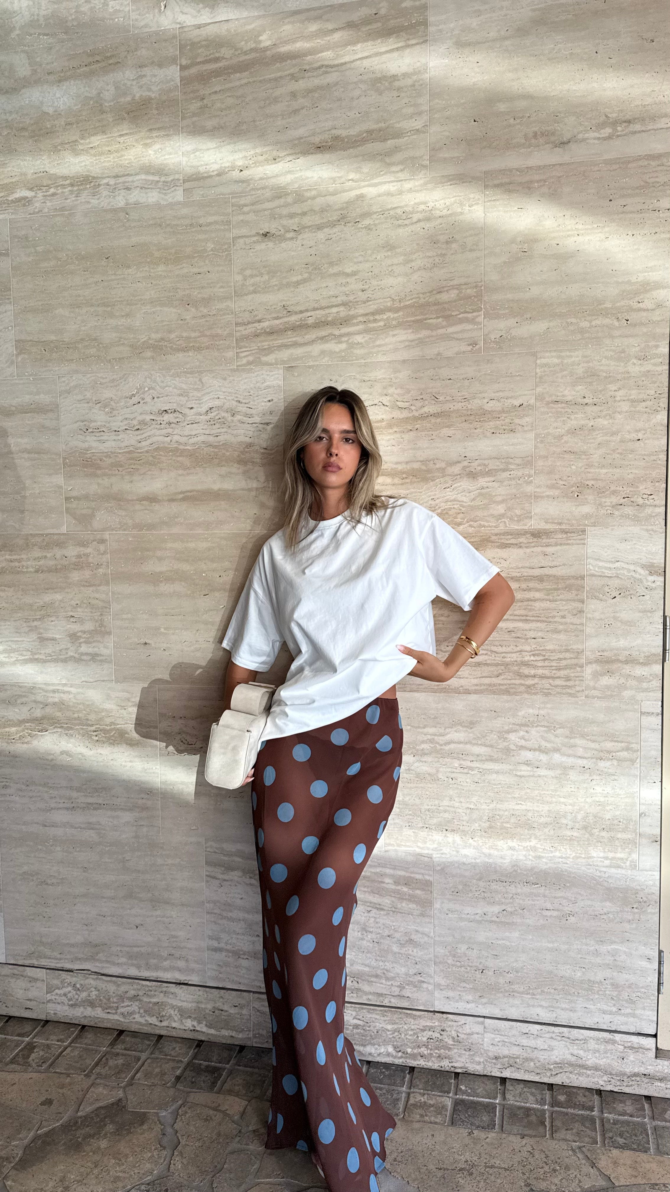 Yumi Oversized Tee and Sheer Skirt Set - White/Brown/Blue Polka - Billy J