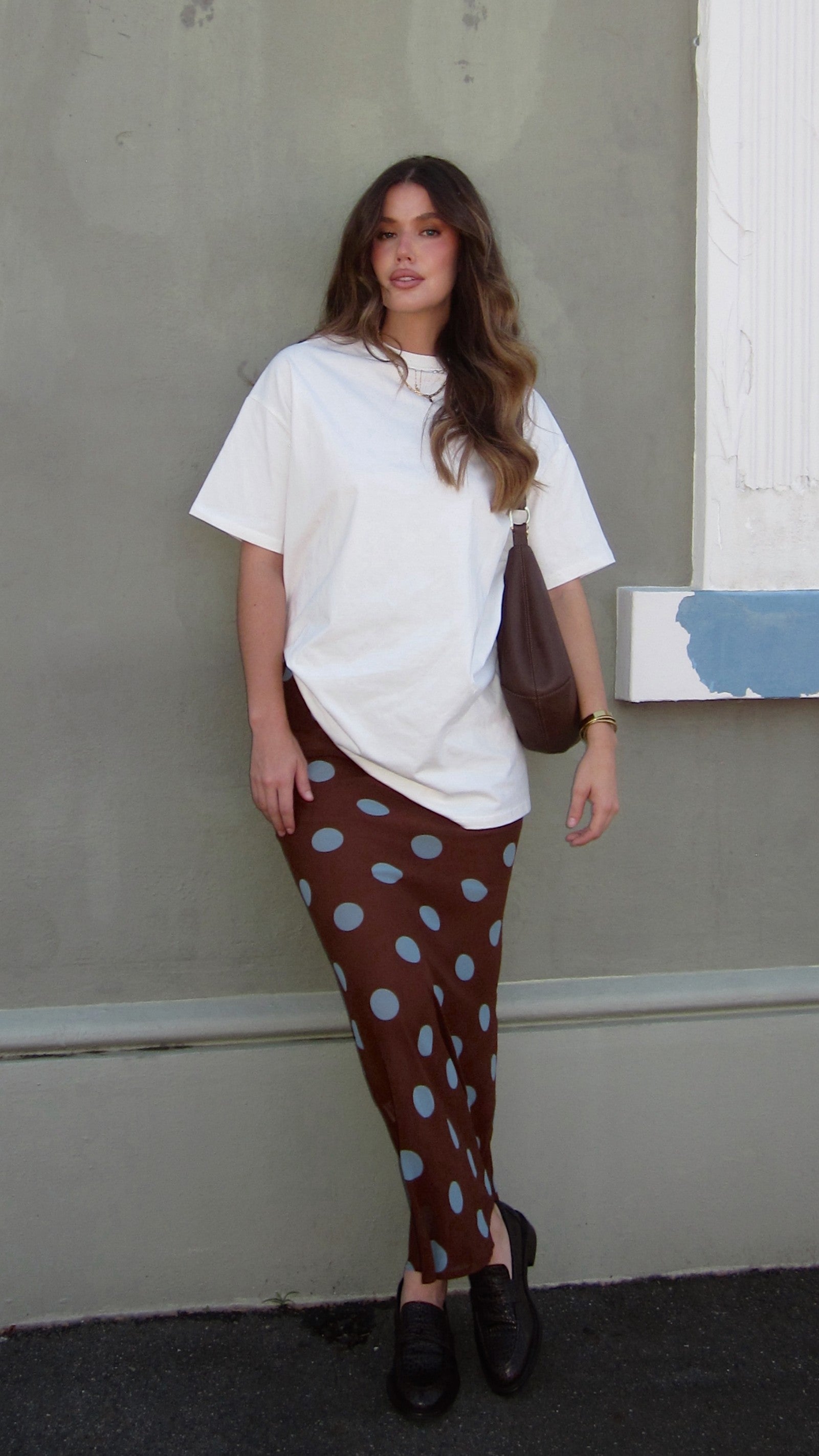 Yumi Oversized Tee and Sheer Skirt Set - White/Brown/Blue Polka - Billy J