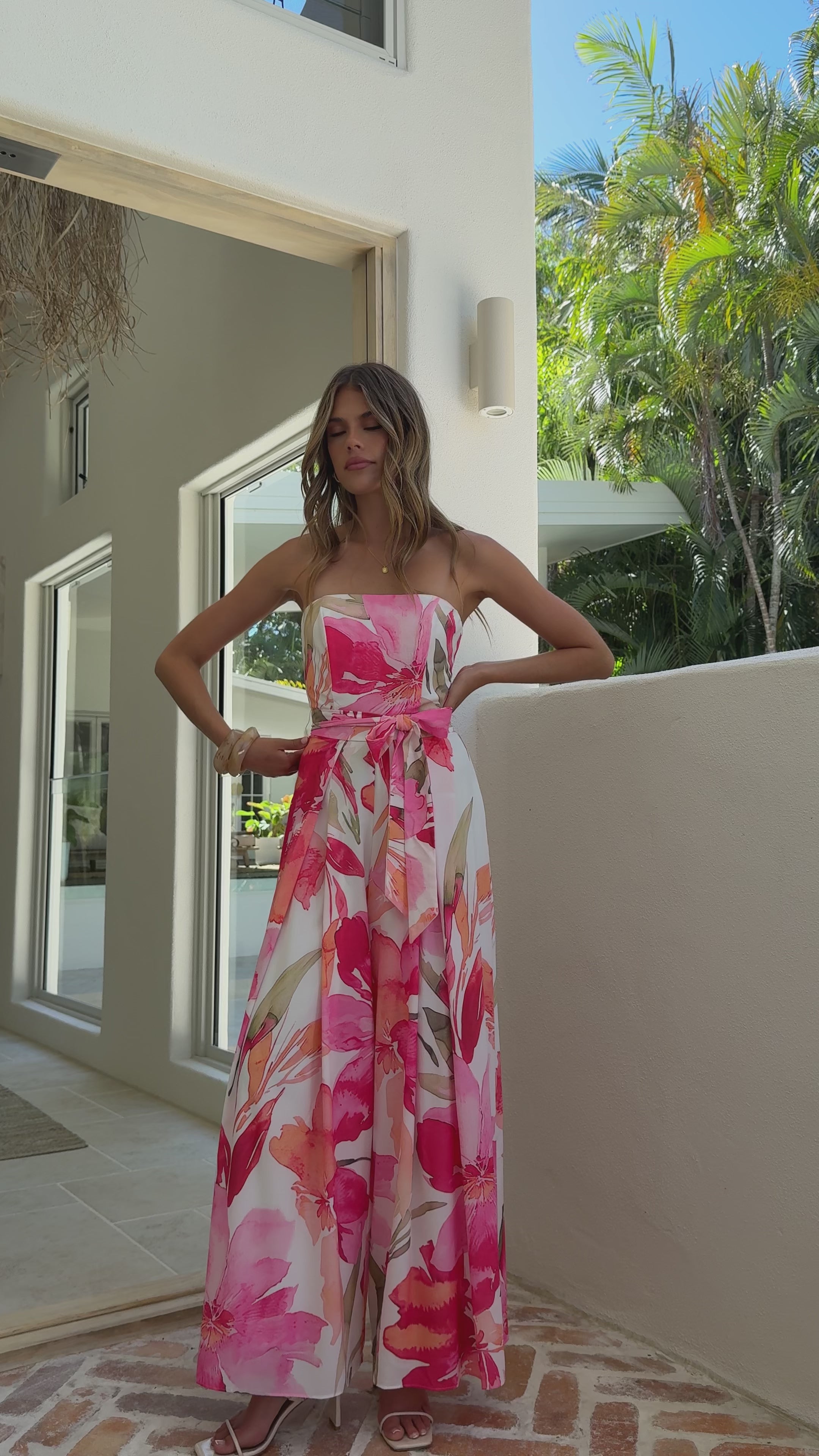 Load video: Maia Strapless Jumpsuit - Pink Floral - Billy J
