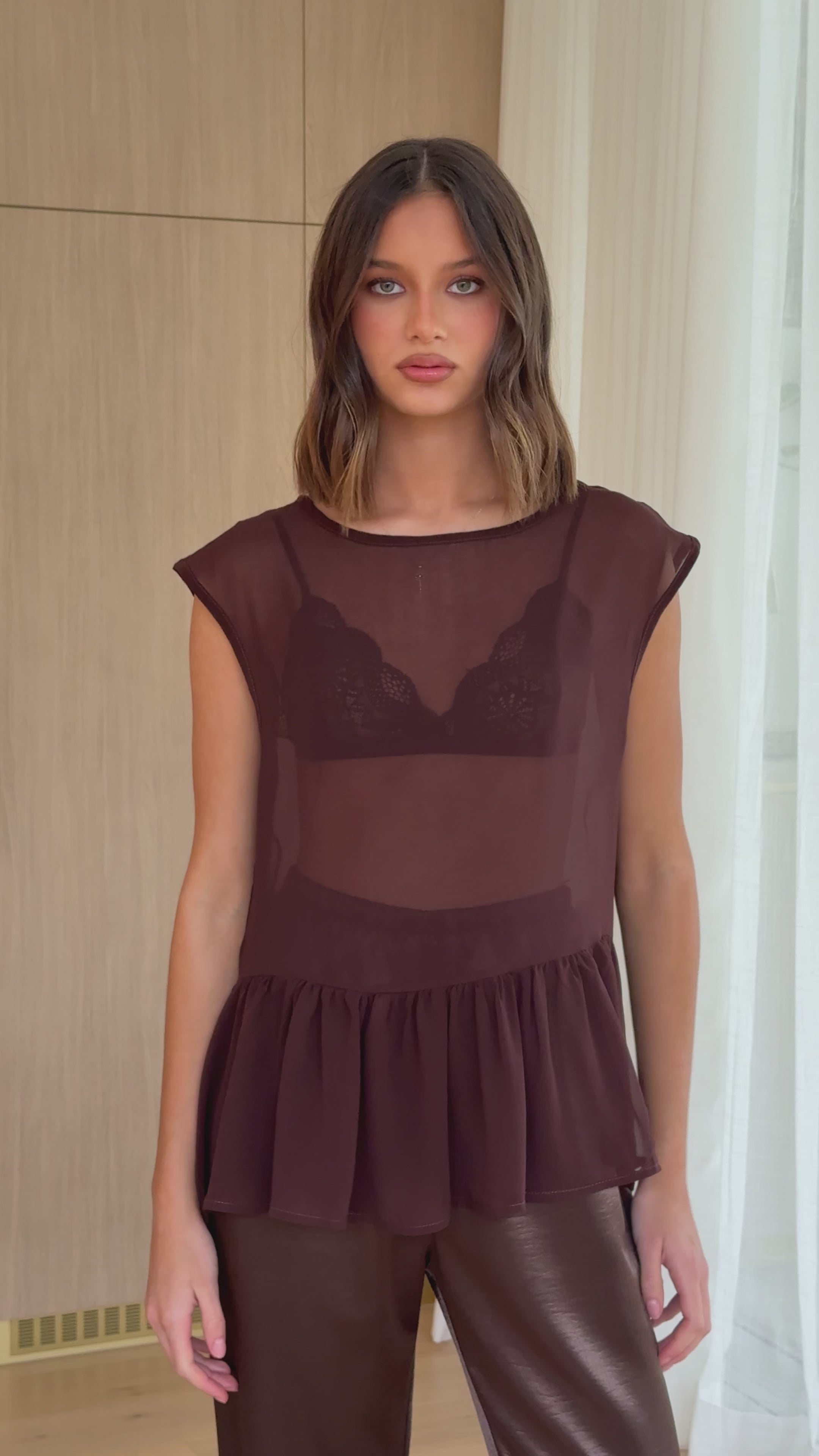 Load video: Deana Long Line Sheer Top - Brown - Billy J