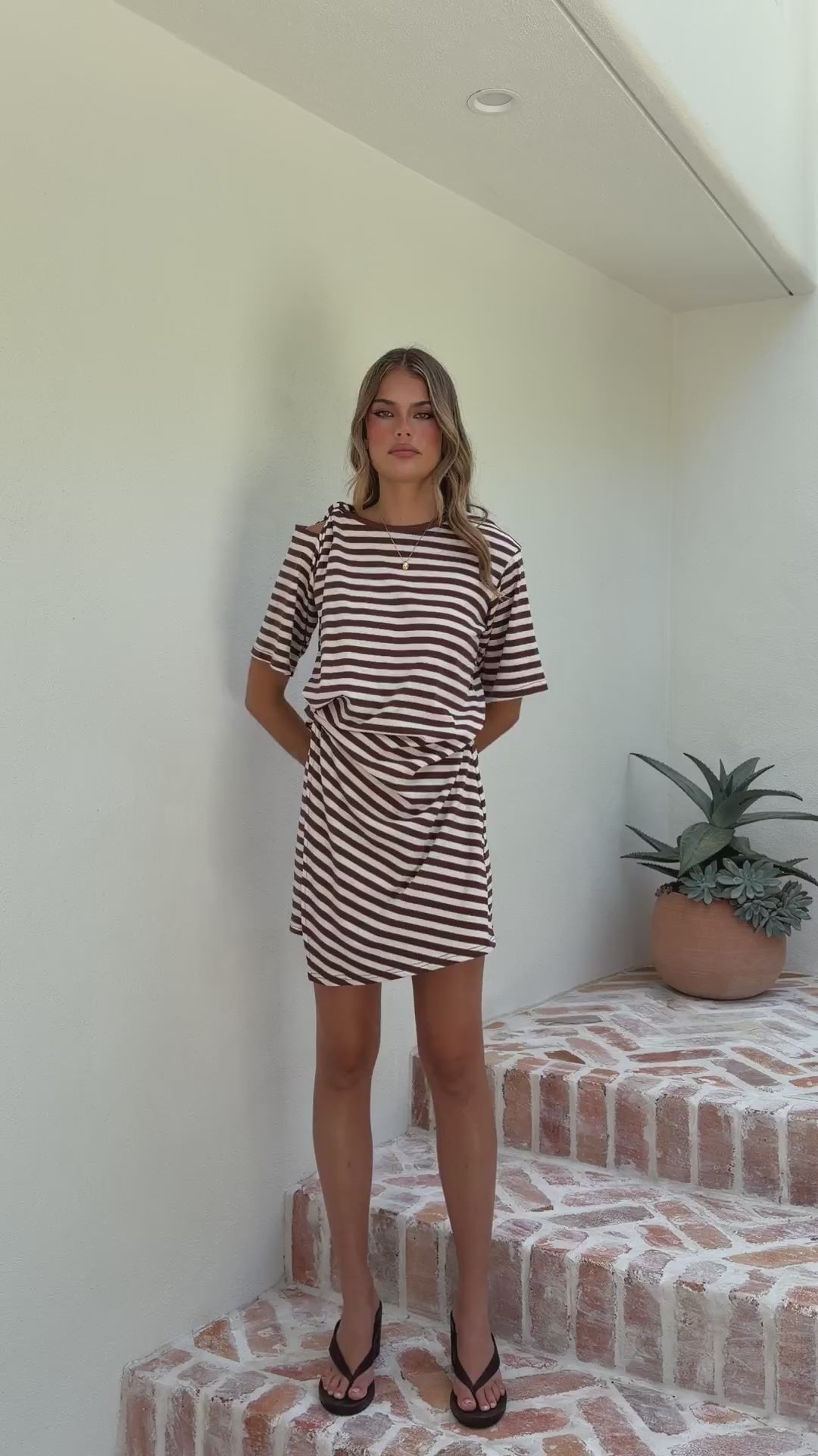 Load video: Adelia Mini Dress - Chocolate Stripe - Billy J