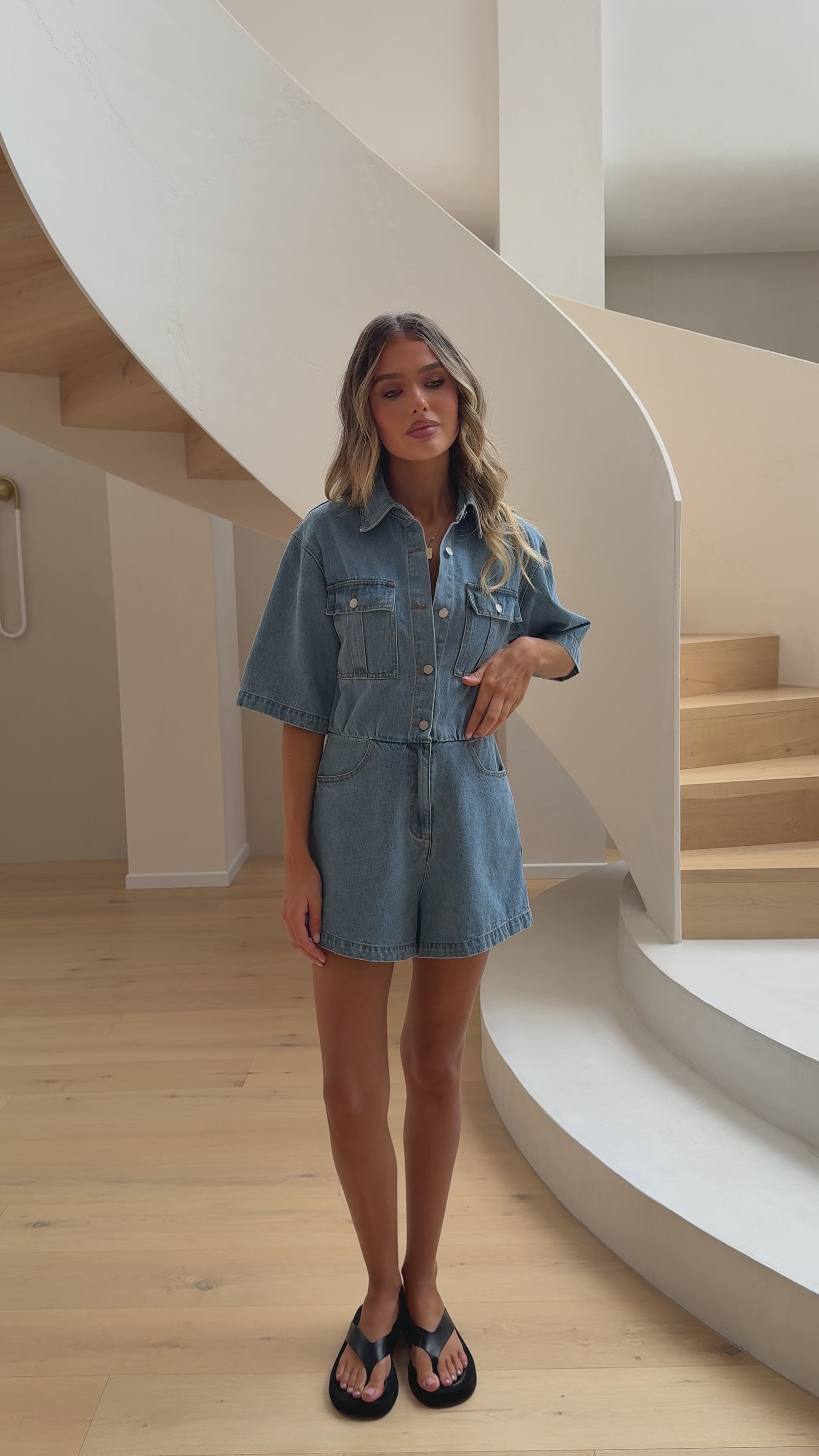 Load video: Rayla Denim Playsuit - Mid Blue - Billy J