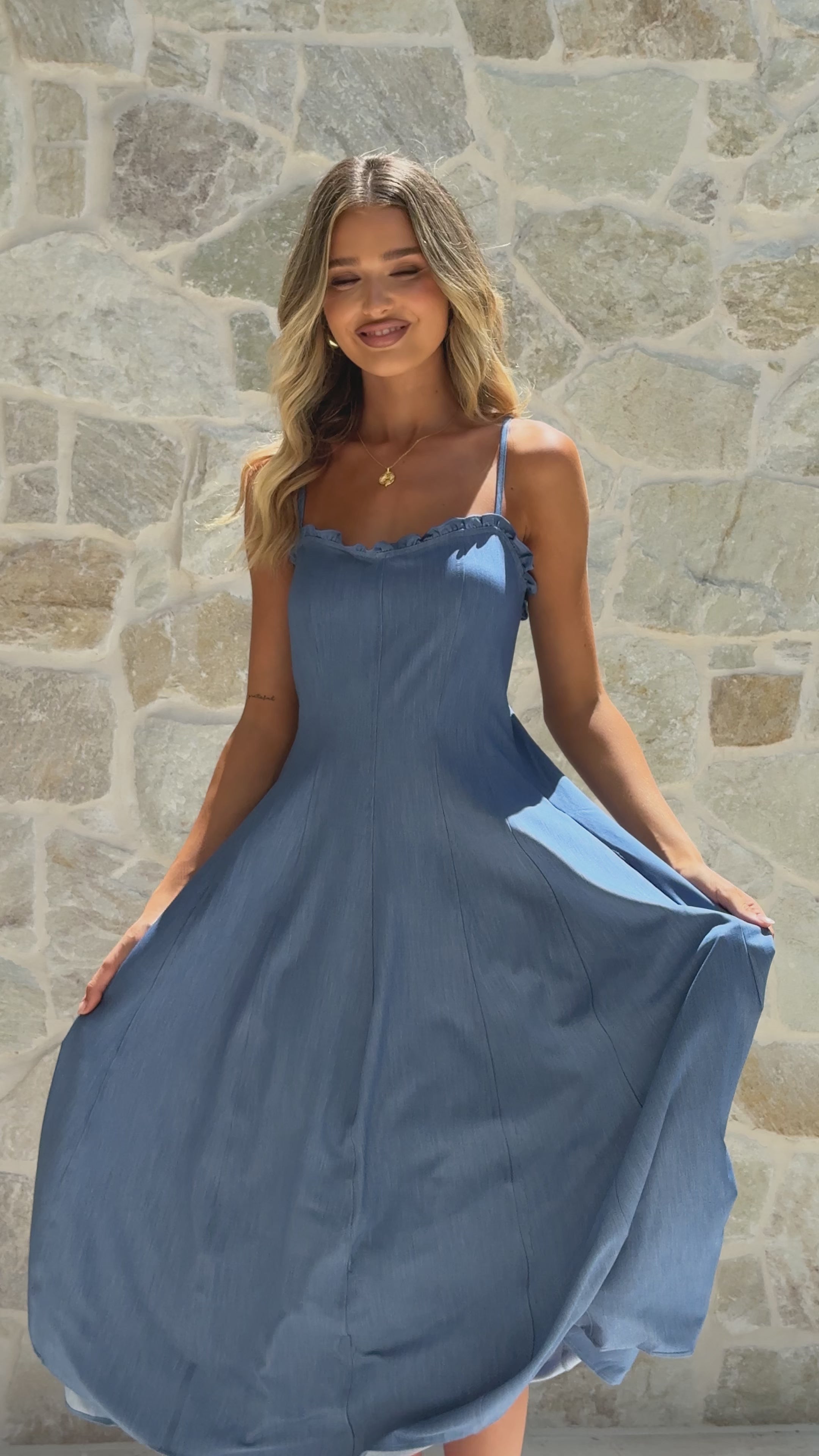 Load video: Tanya Maxi Dress - Blue Denim - Billy J