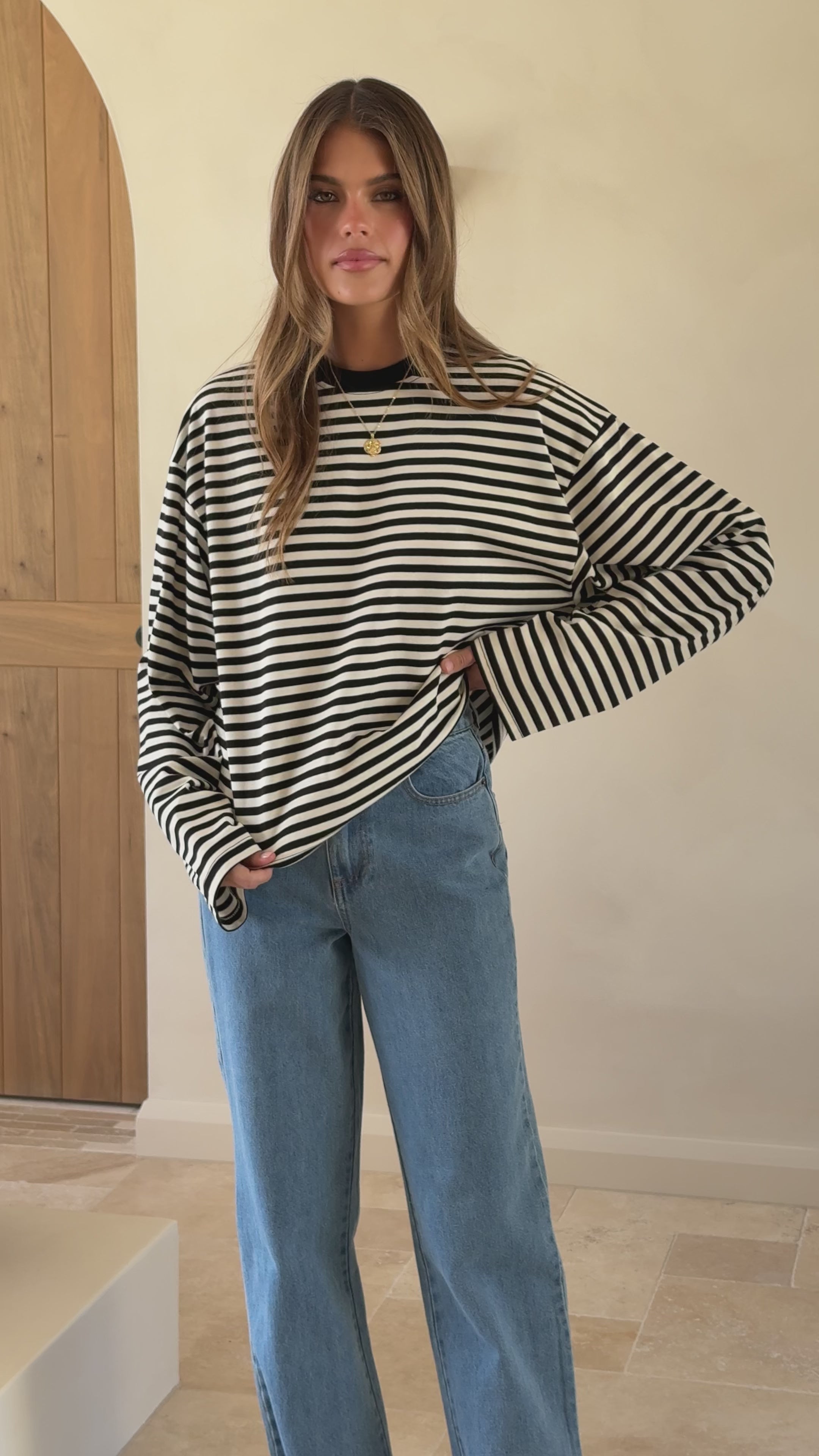 Load video: Solana Long Sleeve Top - Black/White Stripe - Billy J