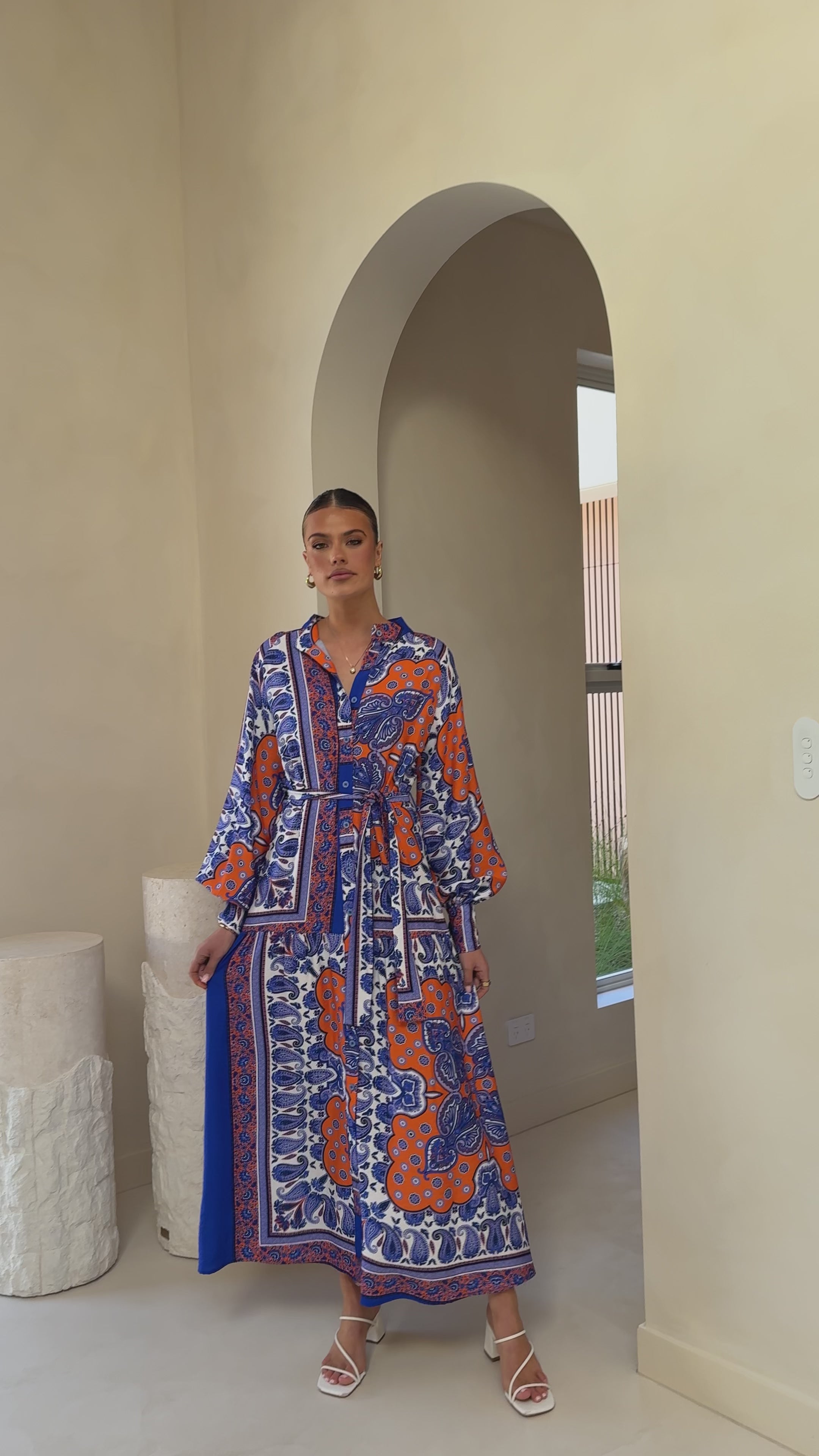 Load video: Tasha Maxi Dress - Blue/Orange Print - Billy J