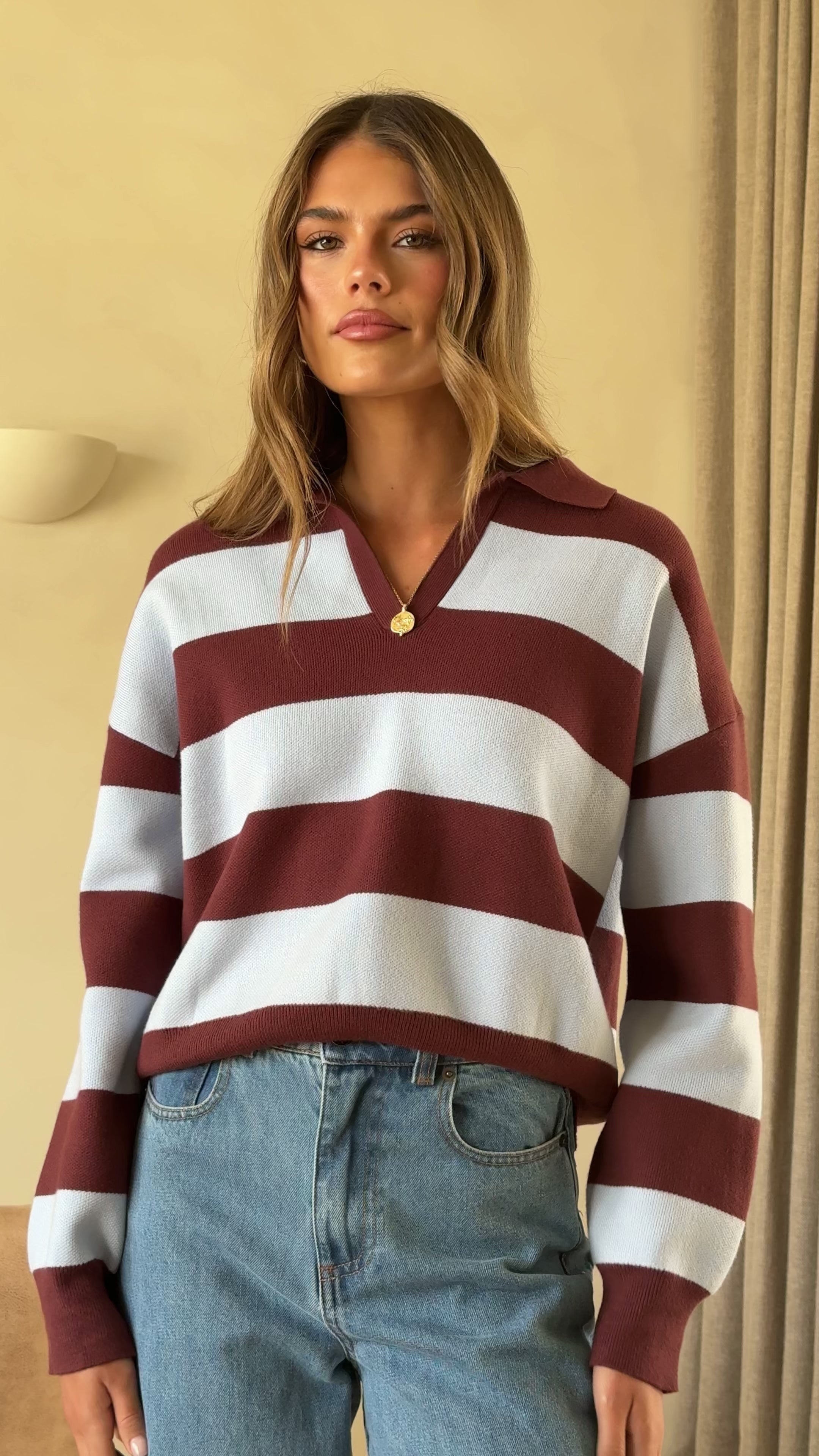 Load video: Kodi Sweater - Blue/Brown Stripe - Billy J