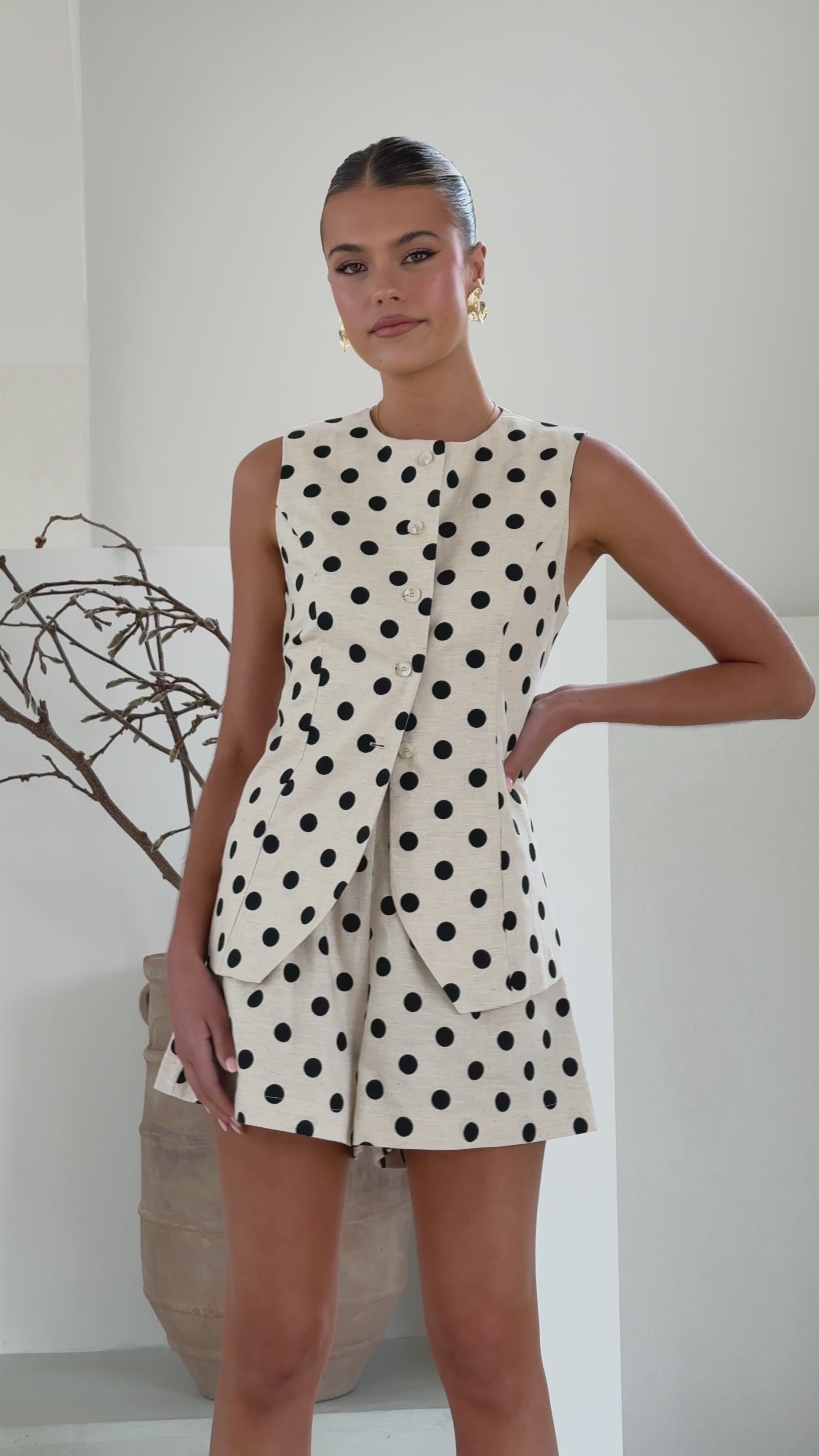Load video: Laolani Button Up Vest Top - Oat Black Polka - Billy J