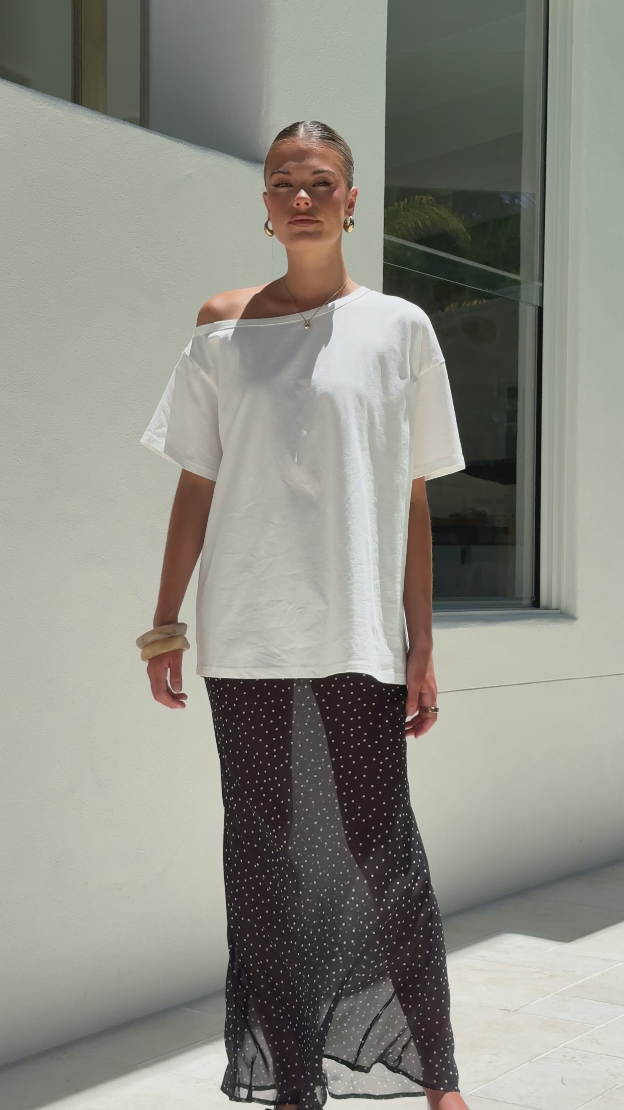 Load video: Elena Top and Maxi Skirt Set - White/Black Polka - Billy J