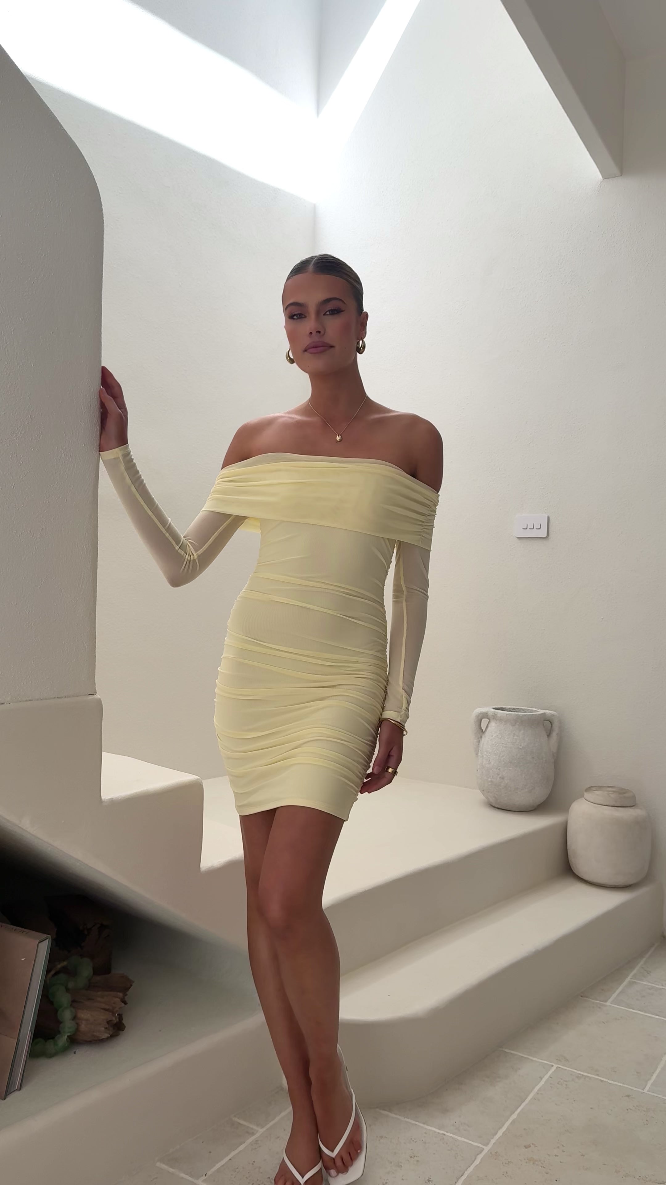 Load video: Isadora Off Shoulder Mini Dress - Yellow - Billy J