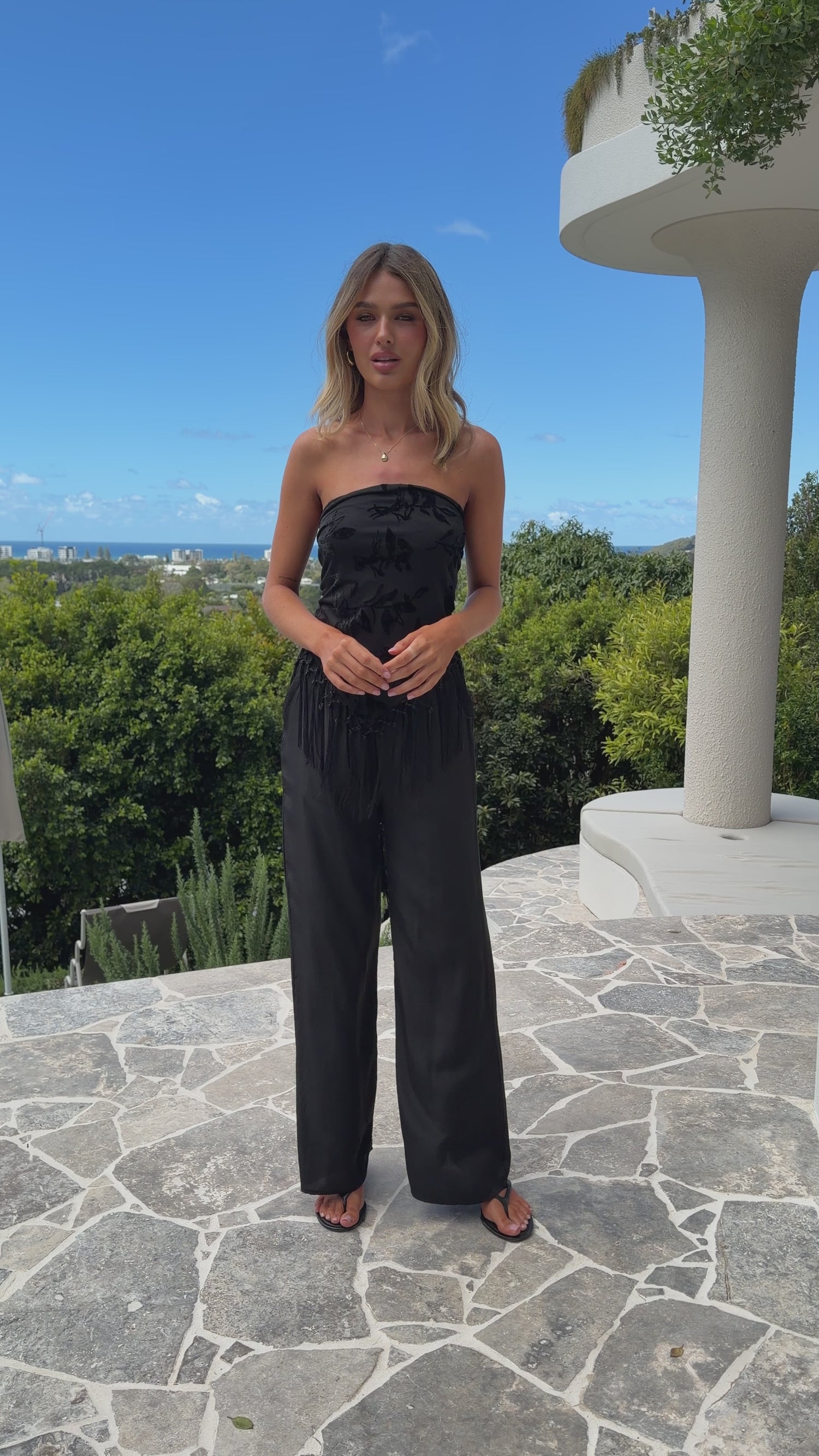 Kamara Fringe Scarf Top and Pants Set - Black - Billy J