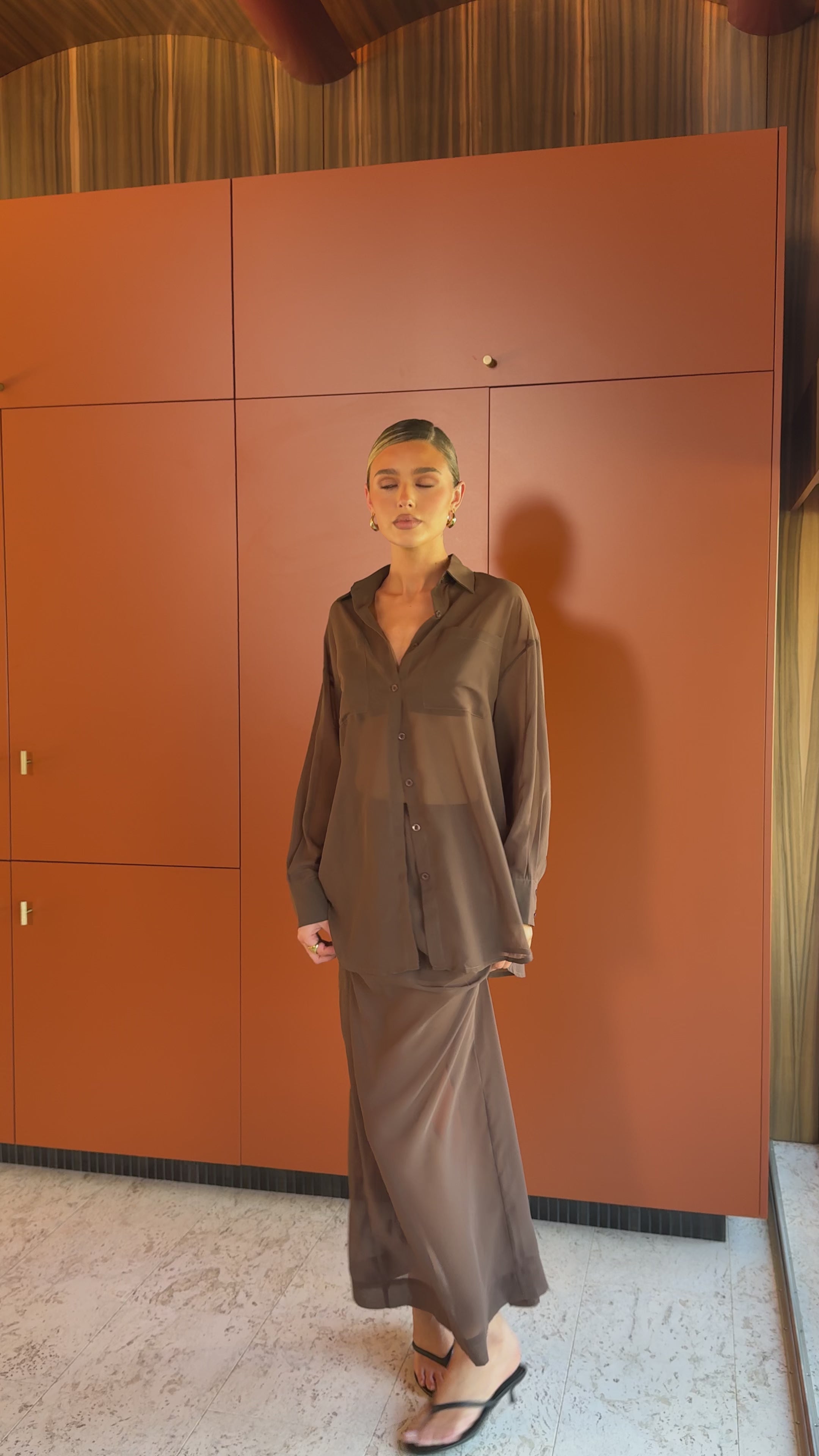 Load video: Adella Sheer Long Sleeve Top and Maxi Skirt Set - Chocolate - Billy J