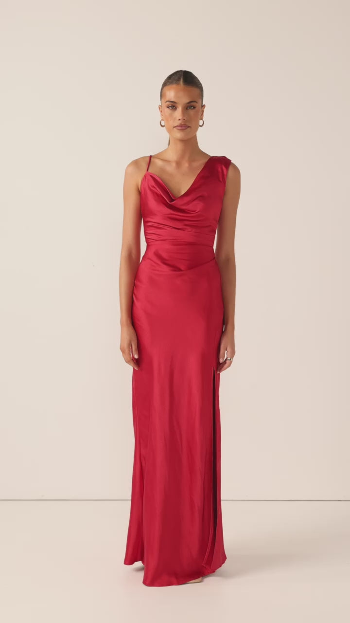 Load video: Iris Asymmetrical Maxi Dress - Red