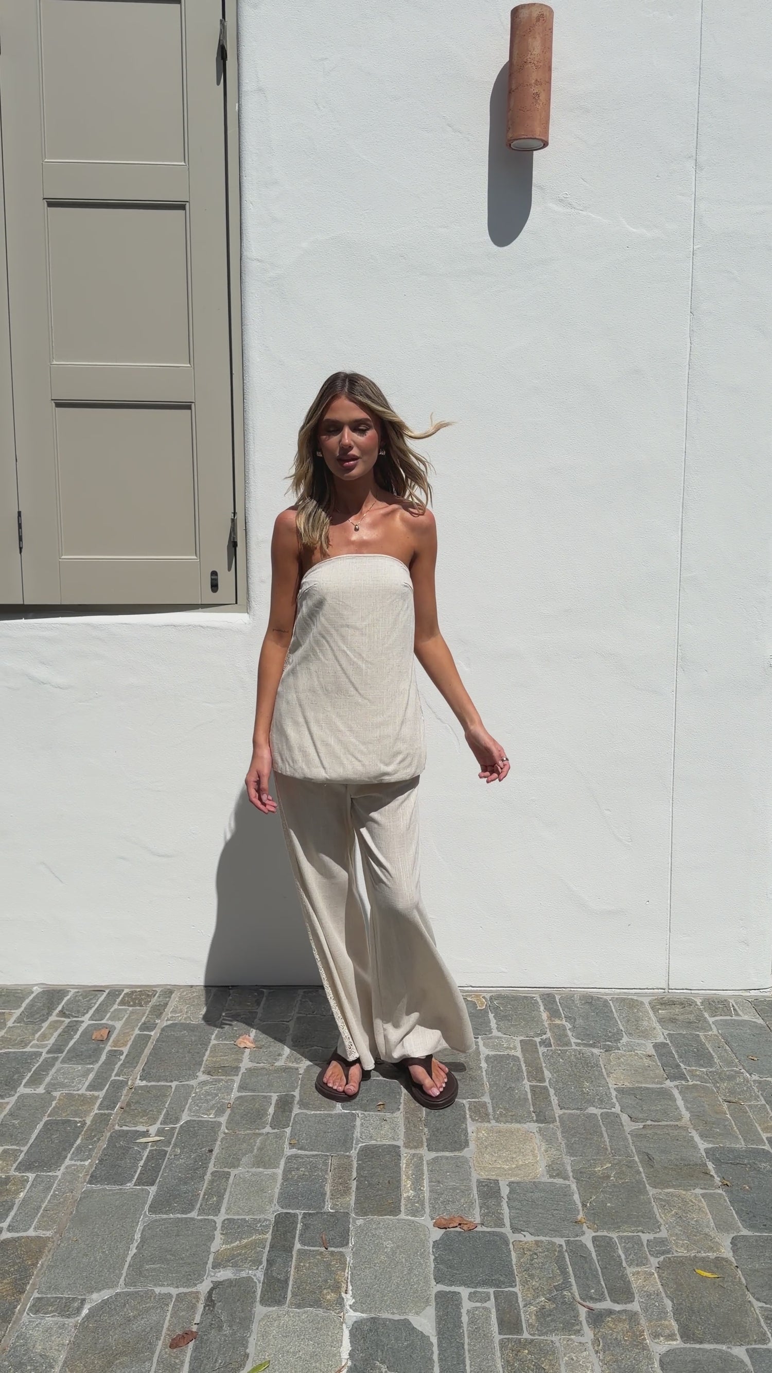 Kaitlin Strapless Top and Pants Set - Oatmeal/Lace - Billy J