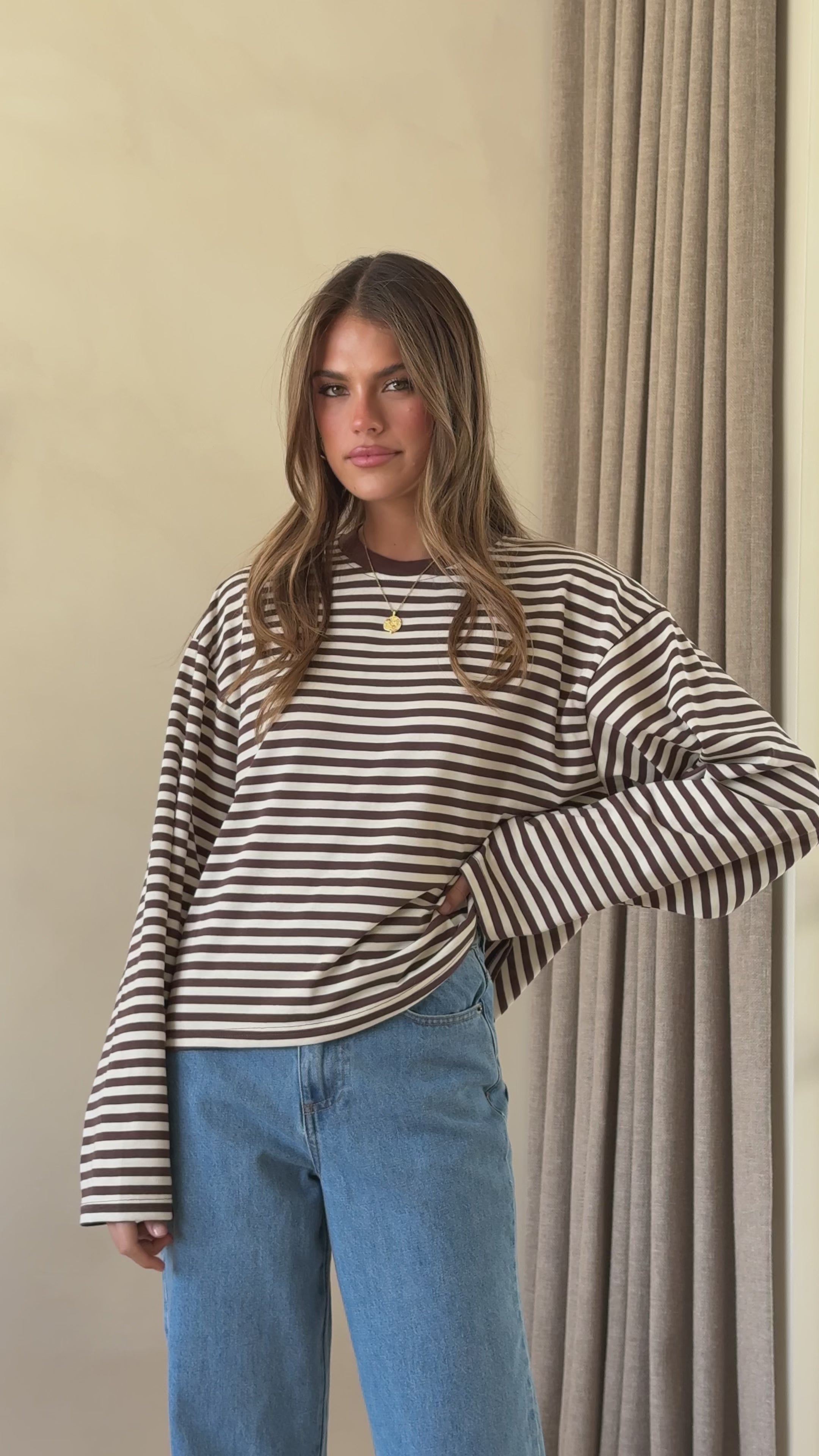 Load video: Solana Long Sleeve Top - Choc/White Stripe - Billy J
