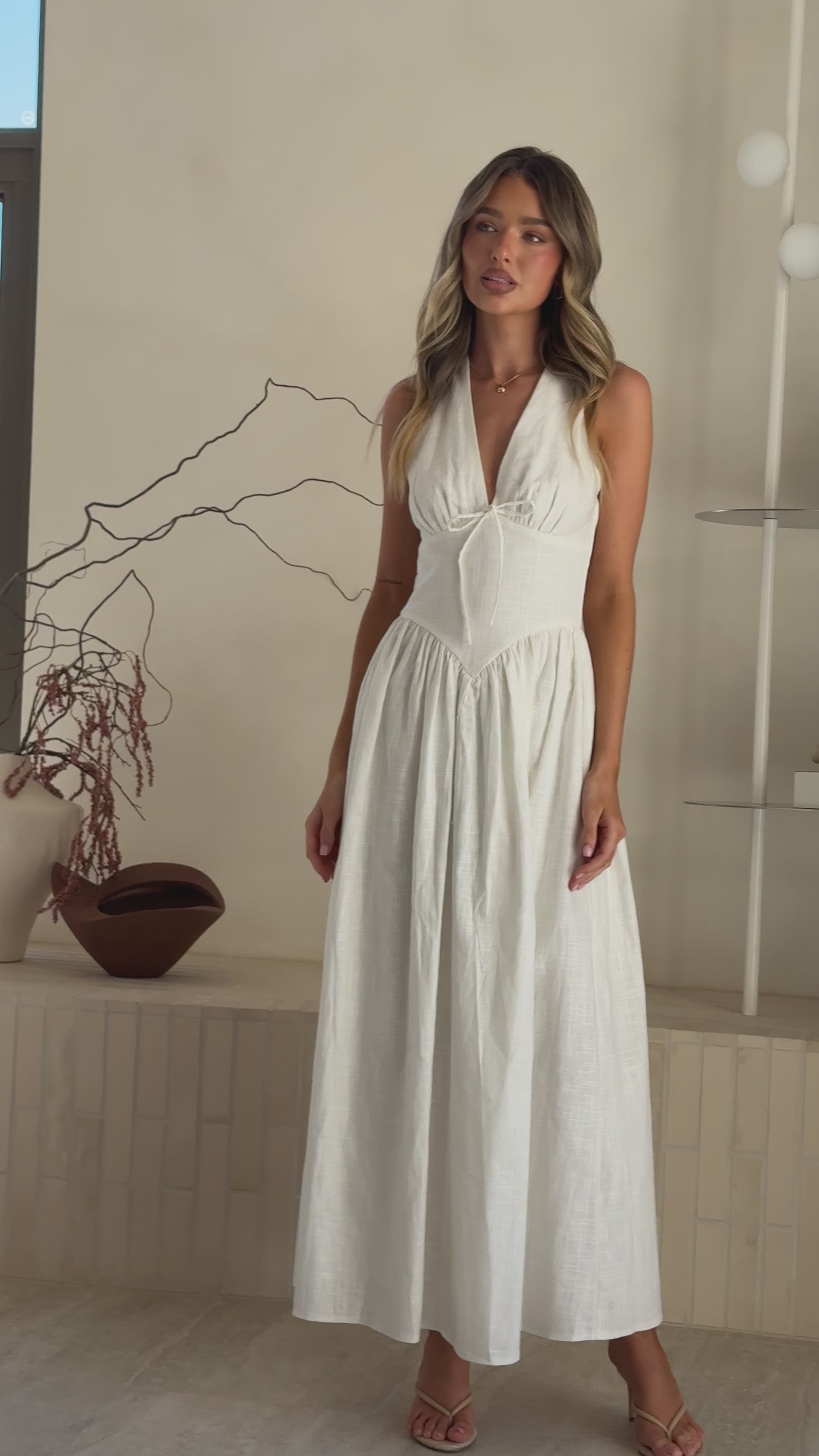 Load video: Rachel Tie Back Maxi Dress - White - Billy J