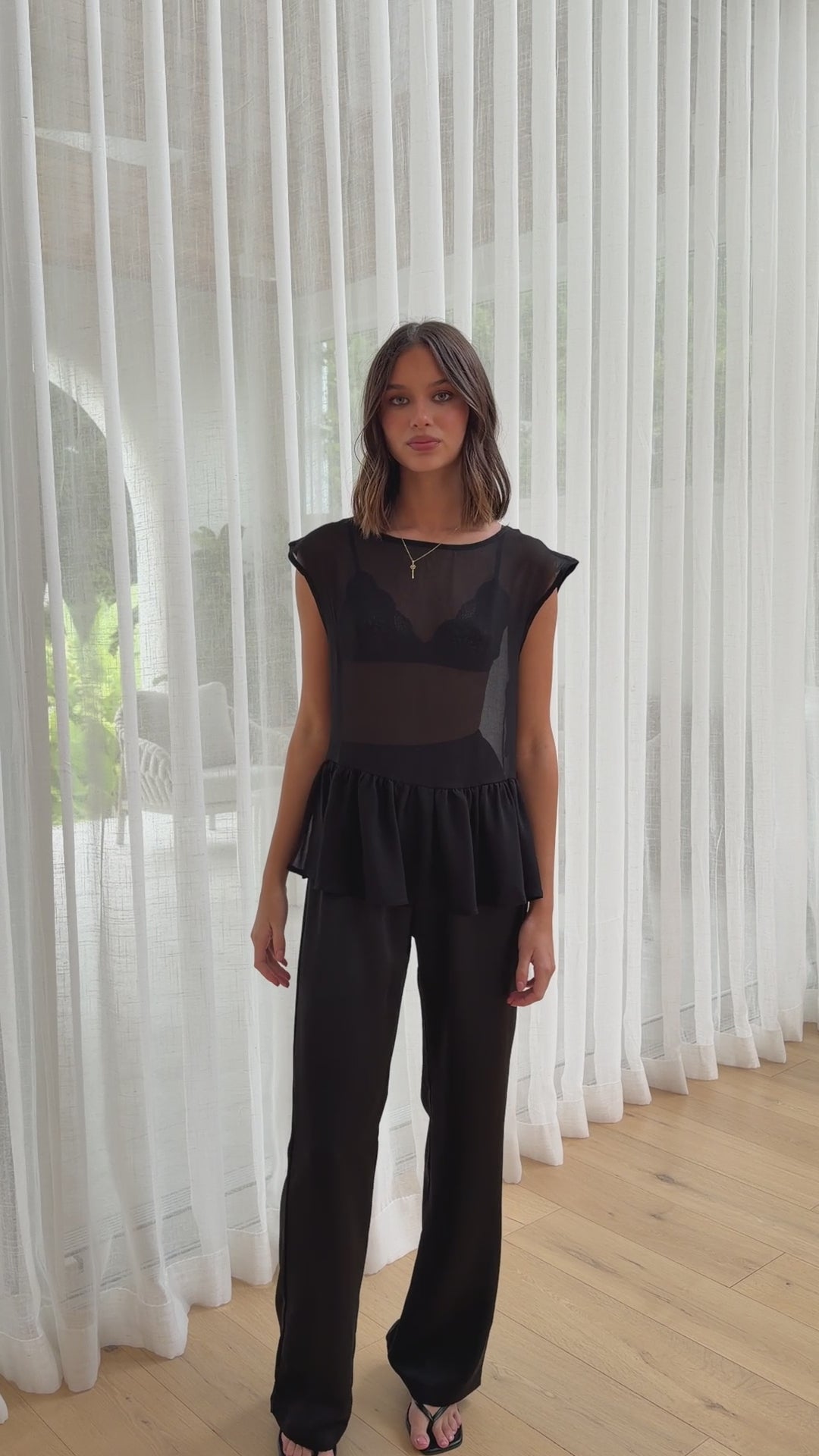 Load video: Deana Long Line Sheer Top - Black - Billy J