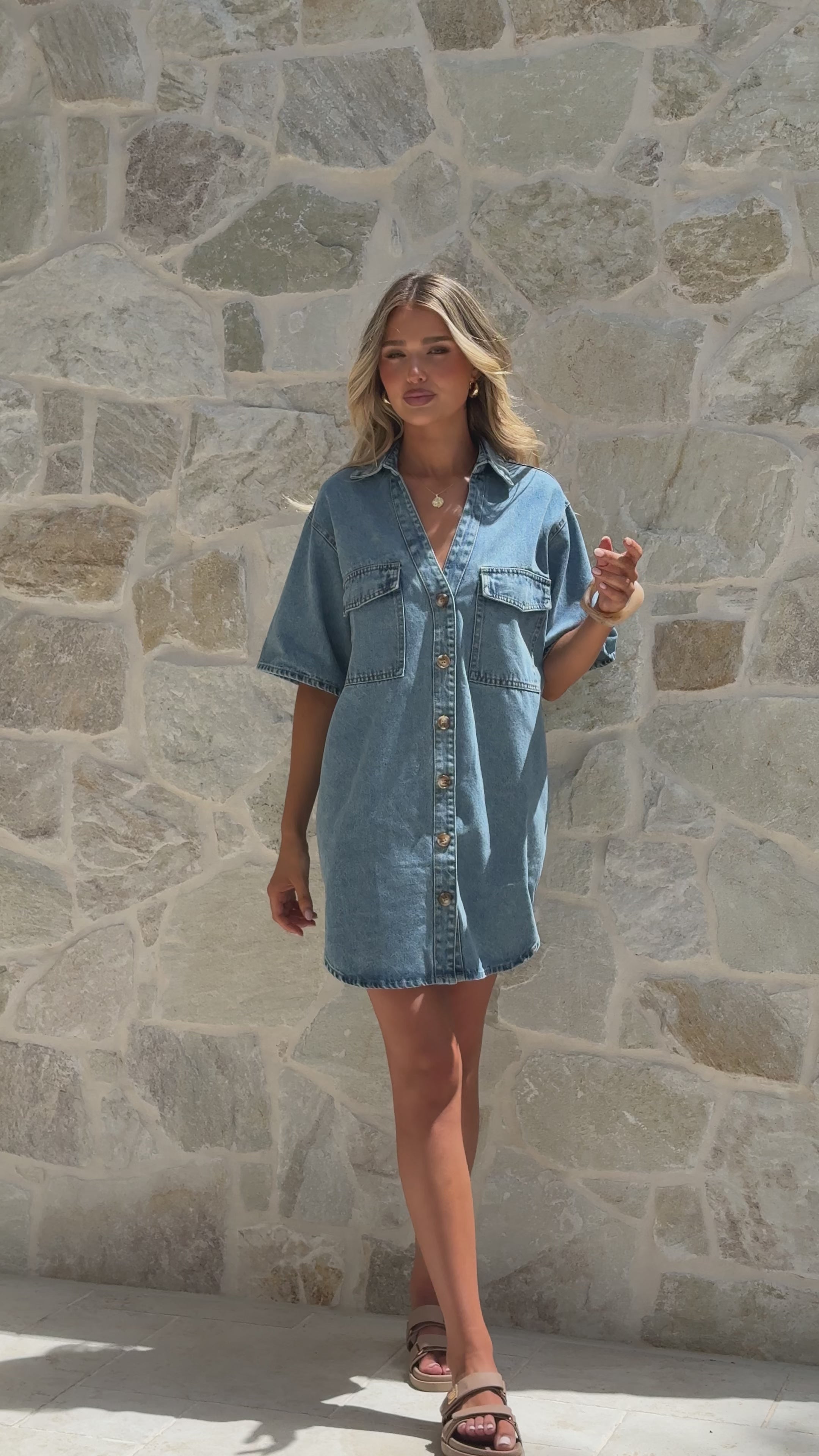 Load video: Maliha Button Up Mini Dress - Light Denim - Billy J