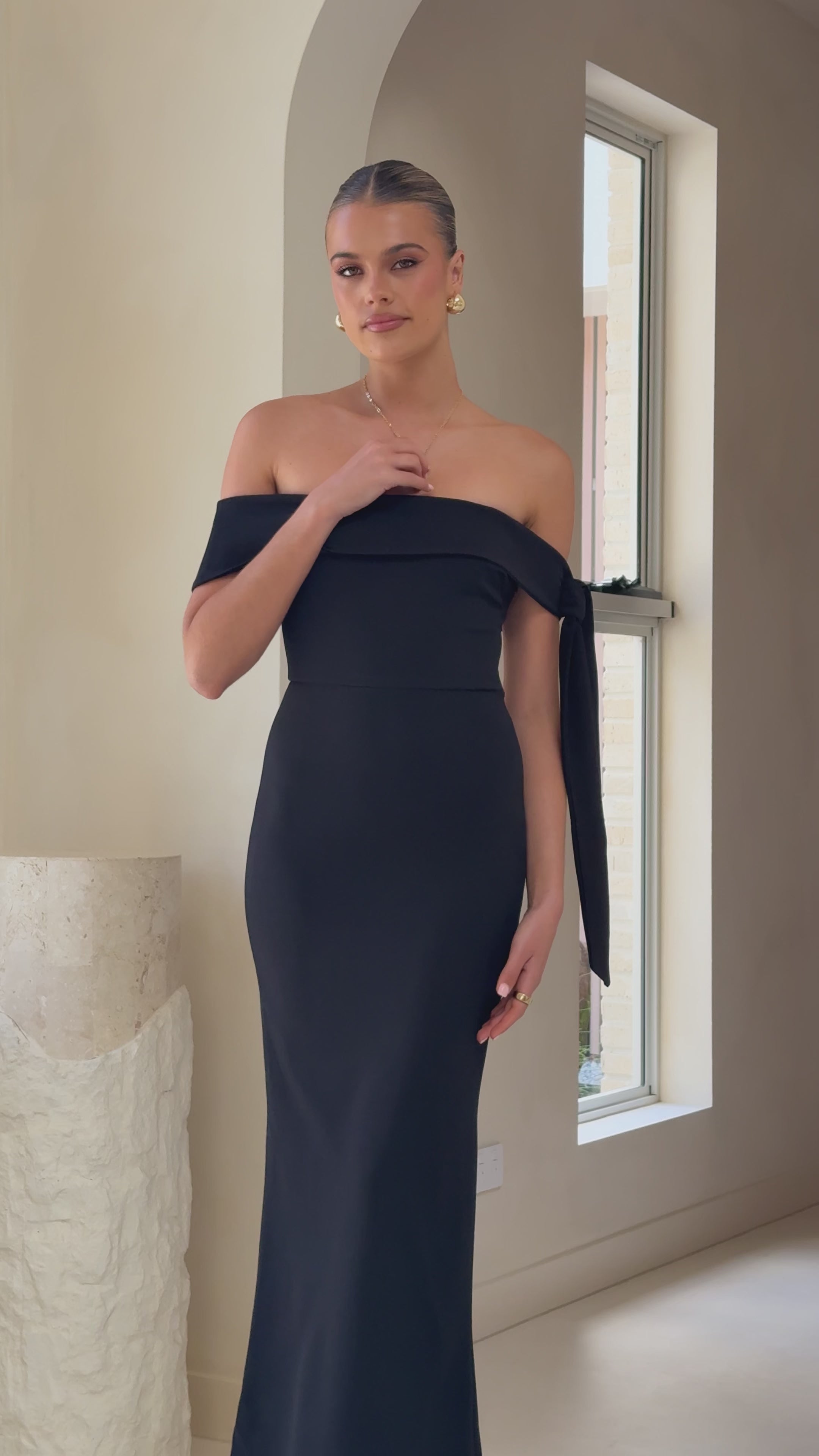 Load video: Halen Off Shoulder Midi Dress - Black - Billy J
