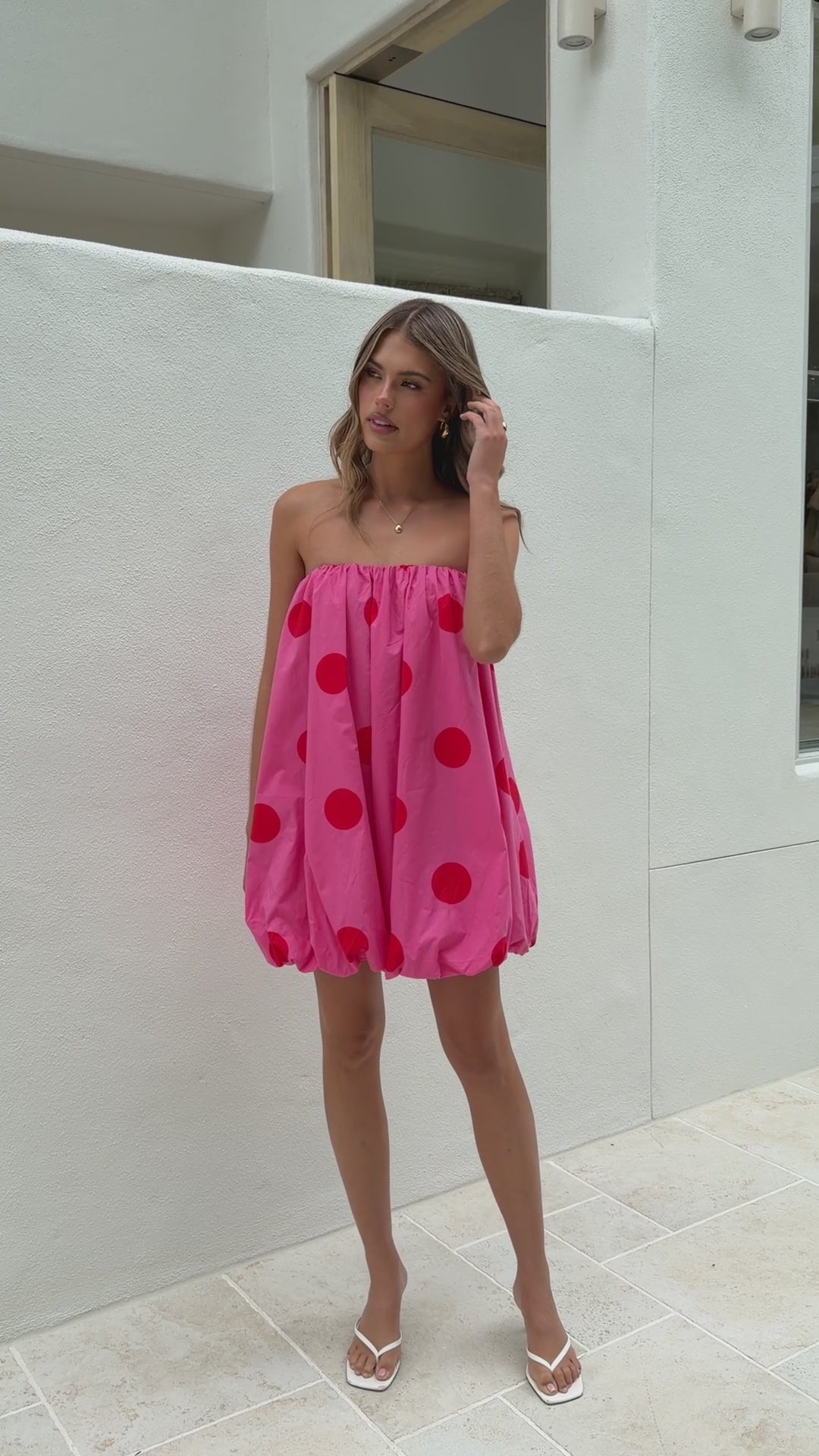 Load video: Everly Strapless Mini Dress - Pink/Red Polka - Billy J