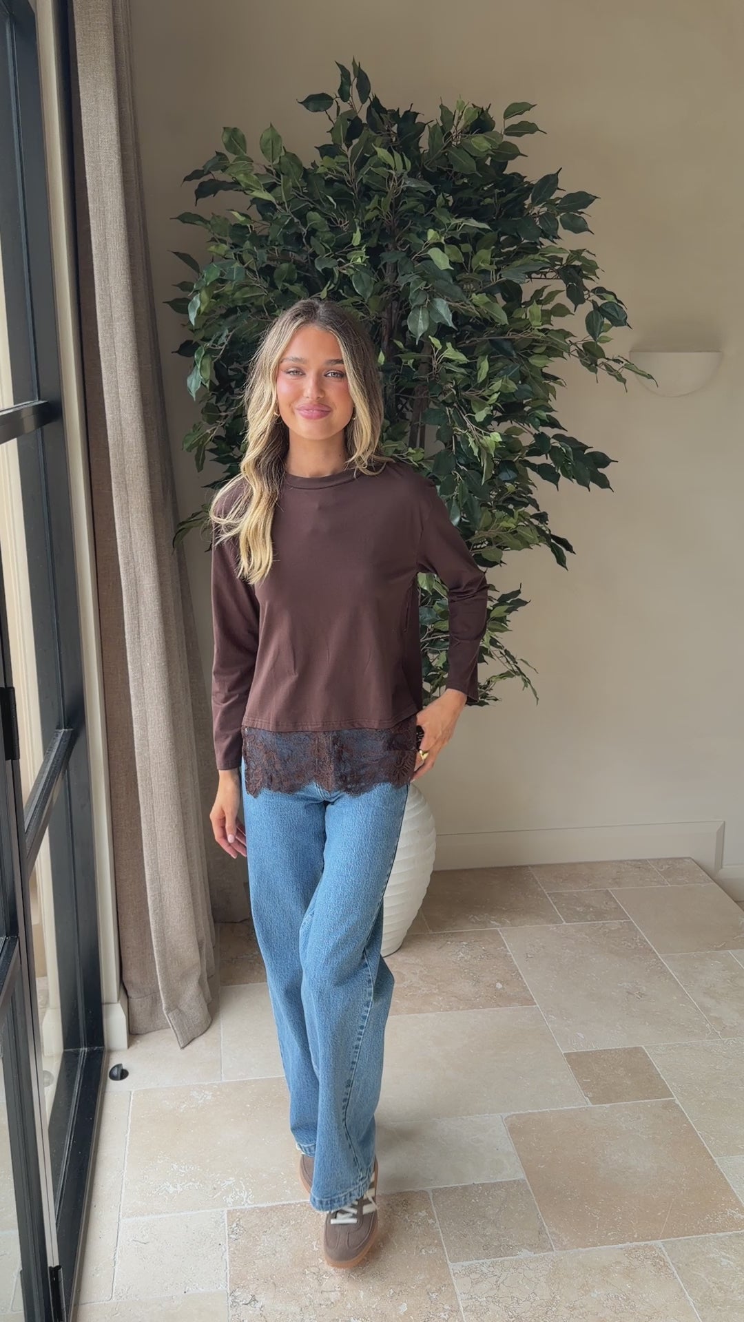 Load video: Alina Lace Trim Top - Chocolate - Billy J